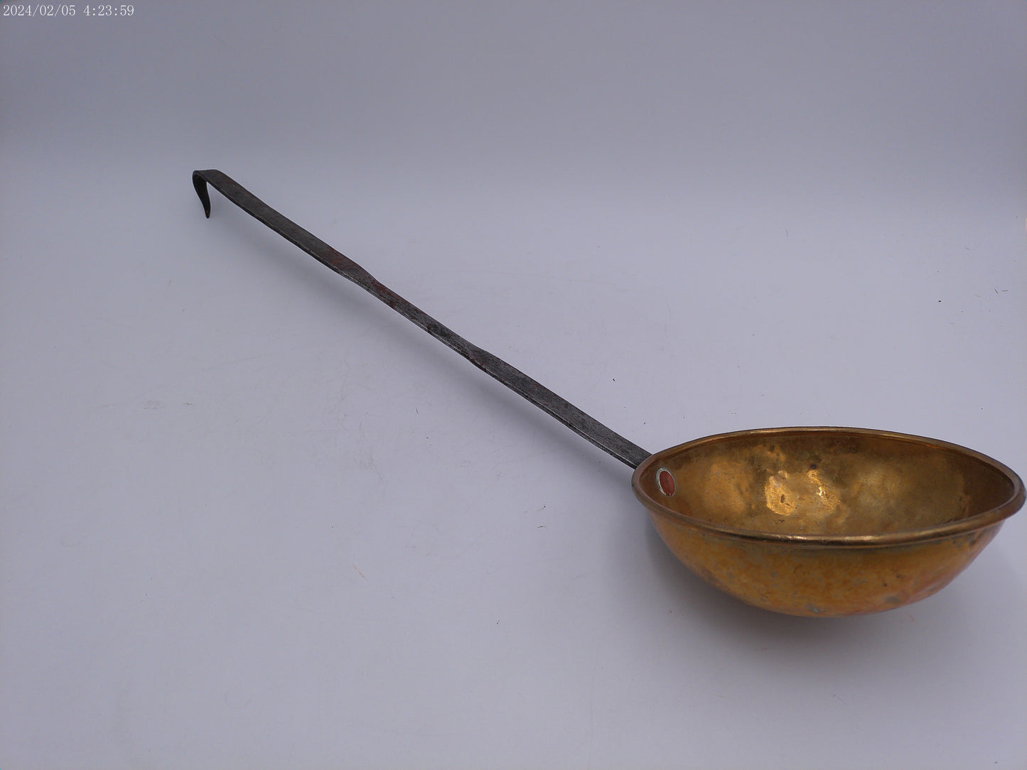 Antique Hand Forged Wrought Iron & Brass Ladle Dipper 21.5" Hook Hanger