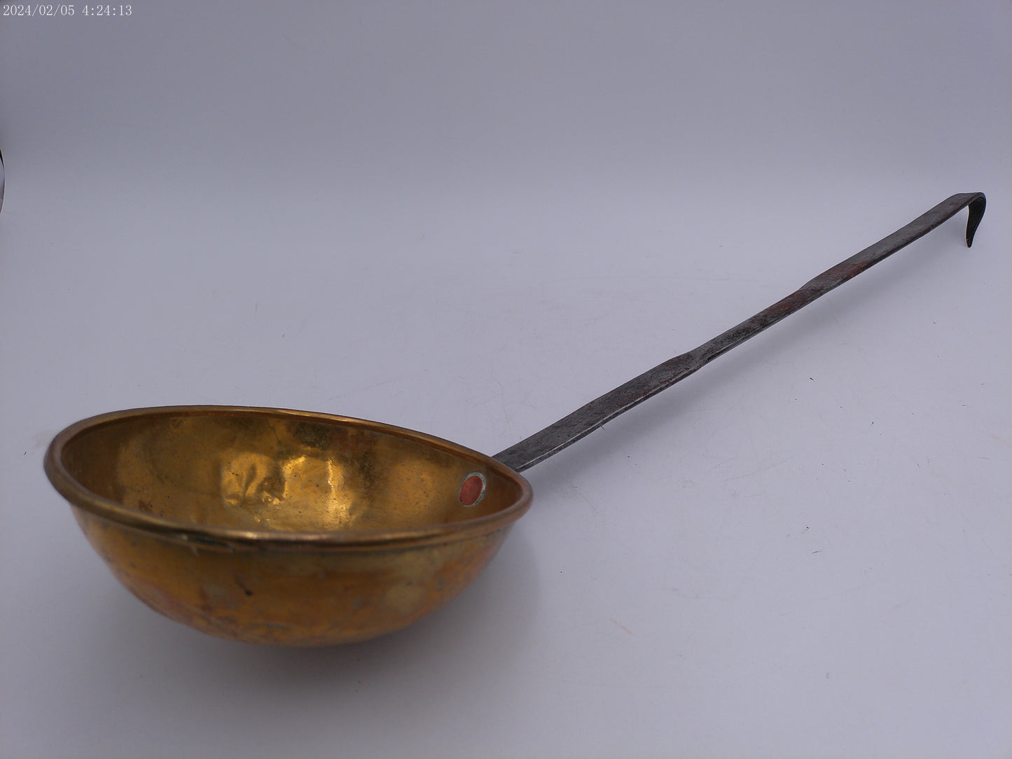 Antique Hand Forged Wrought Iron & Brass Ladle Dipper 21.5" Hook Hanger