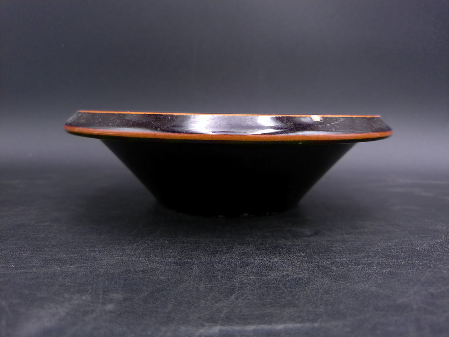 Handmade German Pottery Serving Bowl Signed BEHE. Dark Brown with Yellow Geometric Pattern