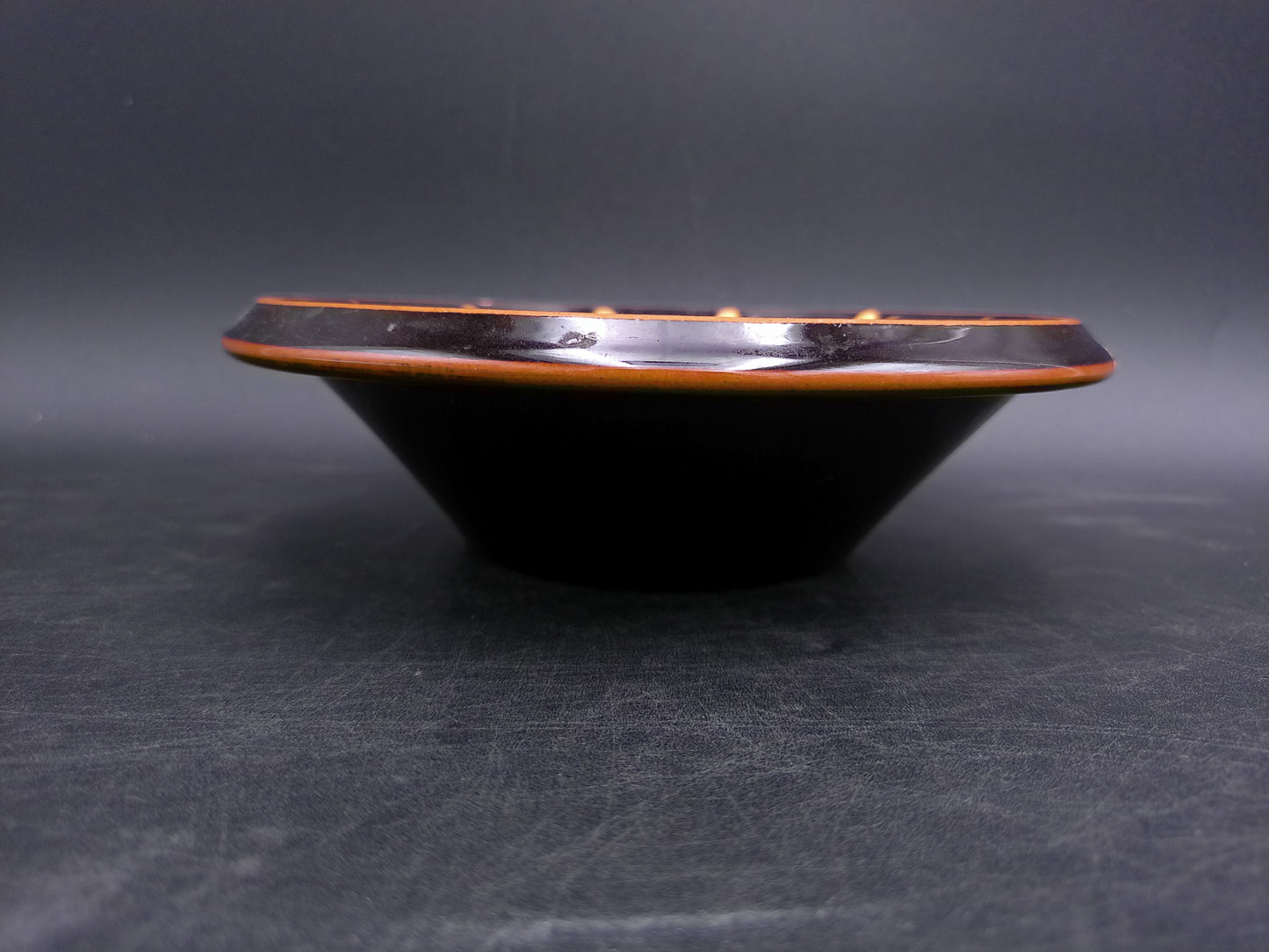 Handmade German Pottery Serving Bowl Signed BEHE. Dark Brown with Yellow Geometric Pattern
