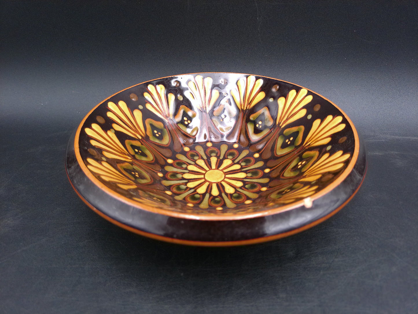 Handmade German Pottery Serving Bowl Signed BEHE. Dark Brown with Yellow Geometric Pattern