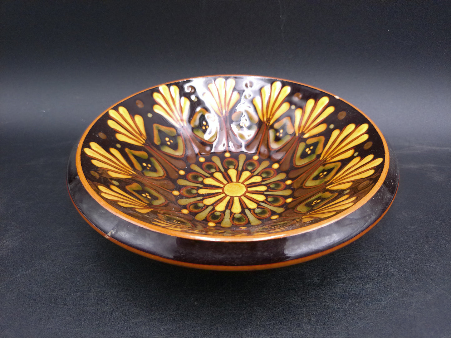 Handmade German Pottery Serving Bowl Signed BEHE. Dark Brown with Yellow Geometric Pattern