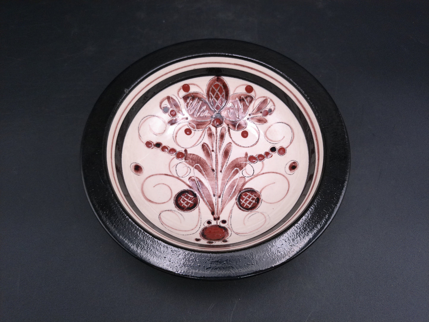 BURKART Swiss Art Pottery Bowl Hand Engraved Design Vintage 1970's Signed
