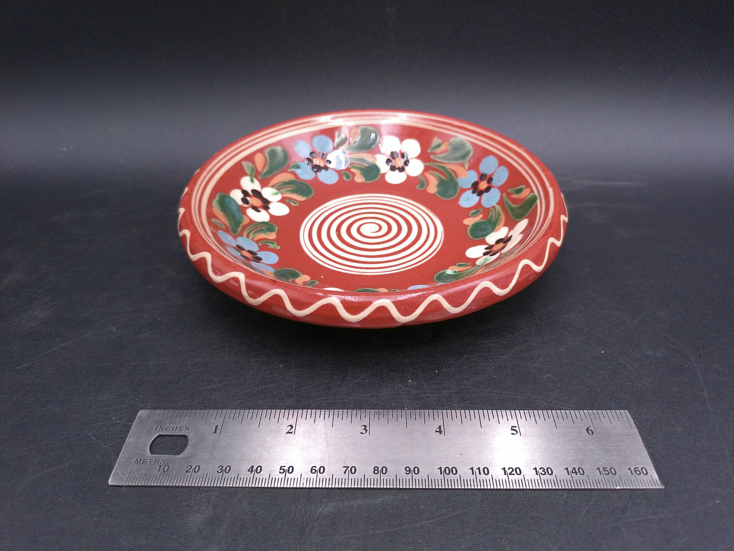 Traditional Hungary Clay Brown Floral Plate Spiral Design Folk Pottery