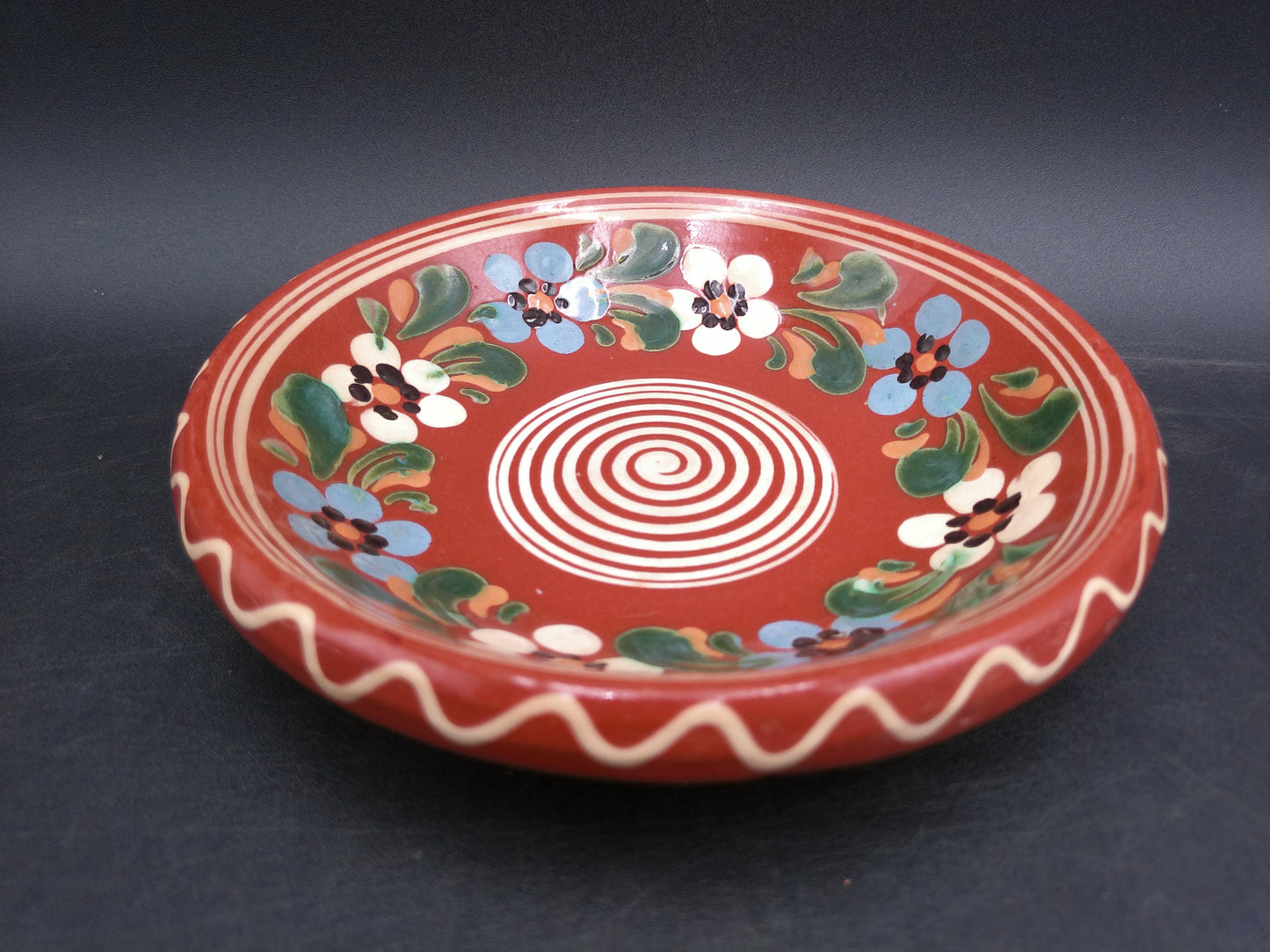 Traditional Hungary Clay Brown Floral Plate Spiral Design Folk Pottery