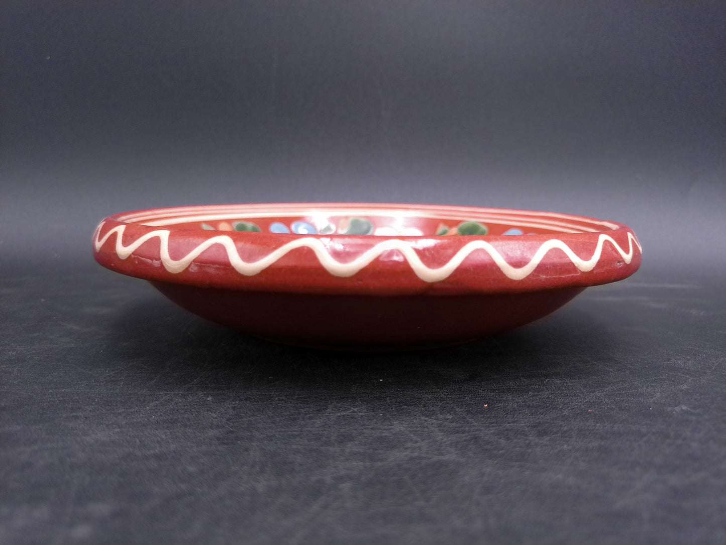 Traditional Hungary Clay Brown Floral Plate Spiral Design Folk Pottery