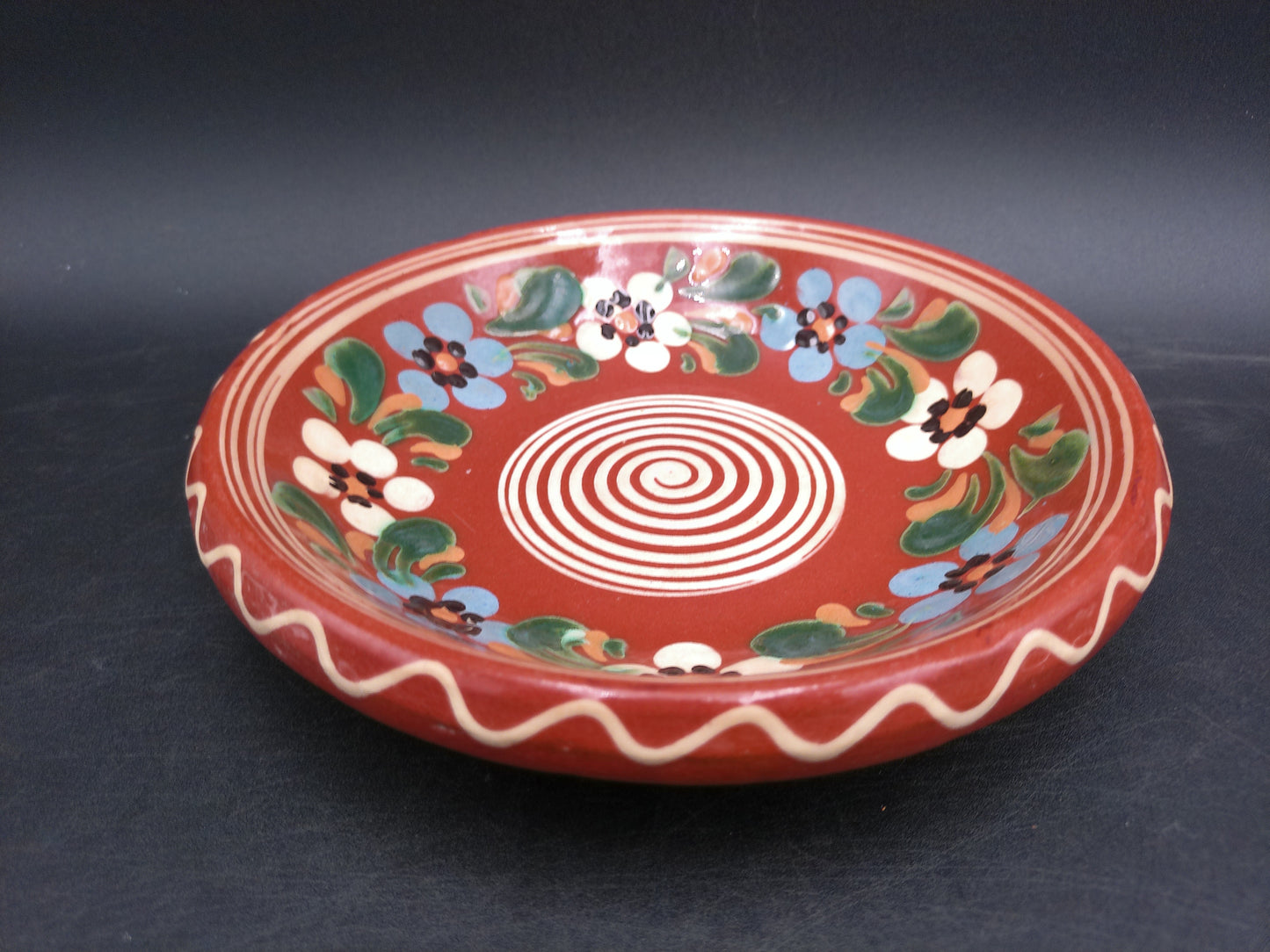 Traditional Hungary Clay Brown Floral Plate Spiral Design Folk Pottery