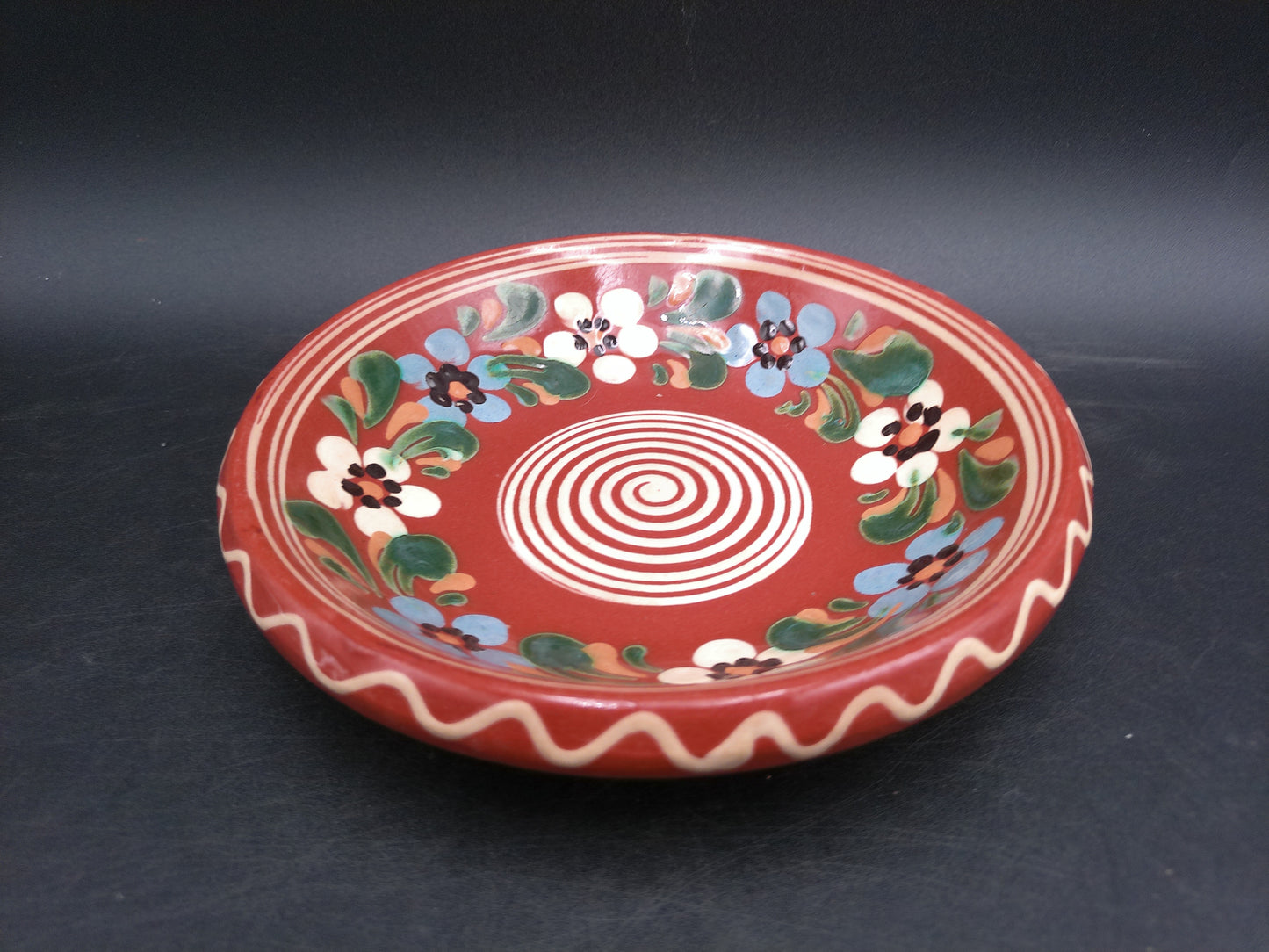 Traditional Hungary Clay Brown Floral Plate Spiral Design Folk Pottery