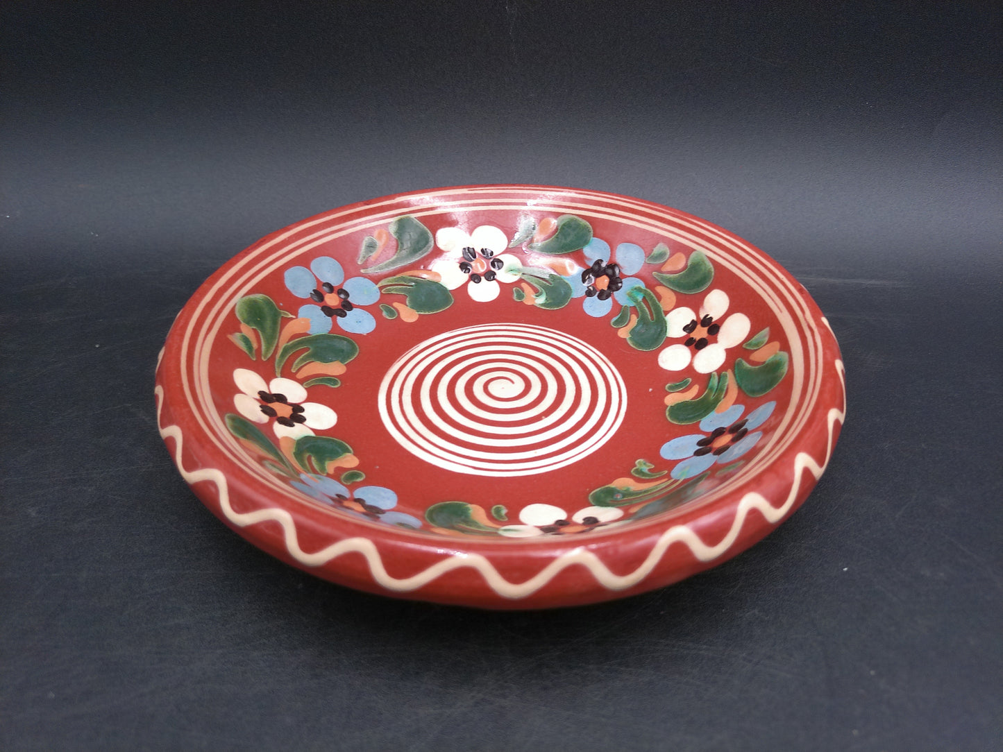 Traditional Hungary Clay Brown Floral Plate Spiral Design Folk Pottery