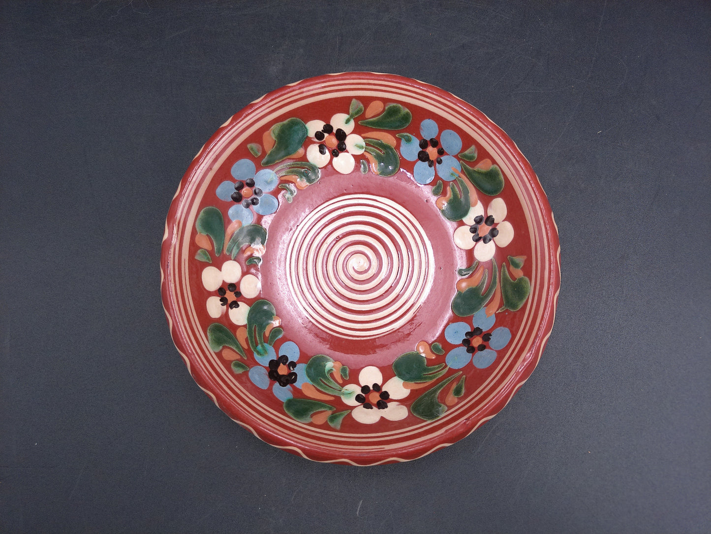 Traditional Hungary Clay Brown Floral Plate Spiral Design Folk Pottery