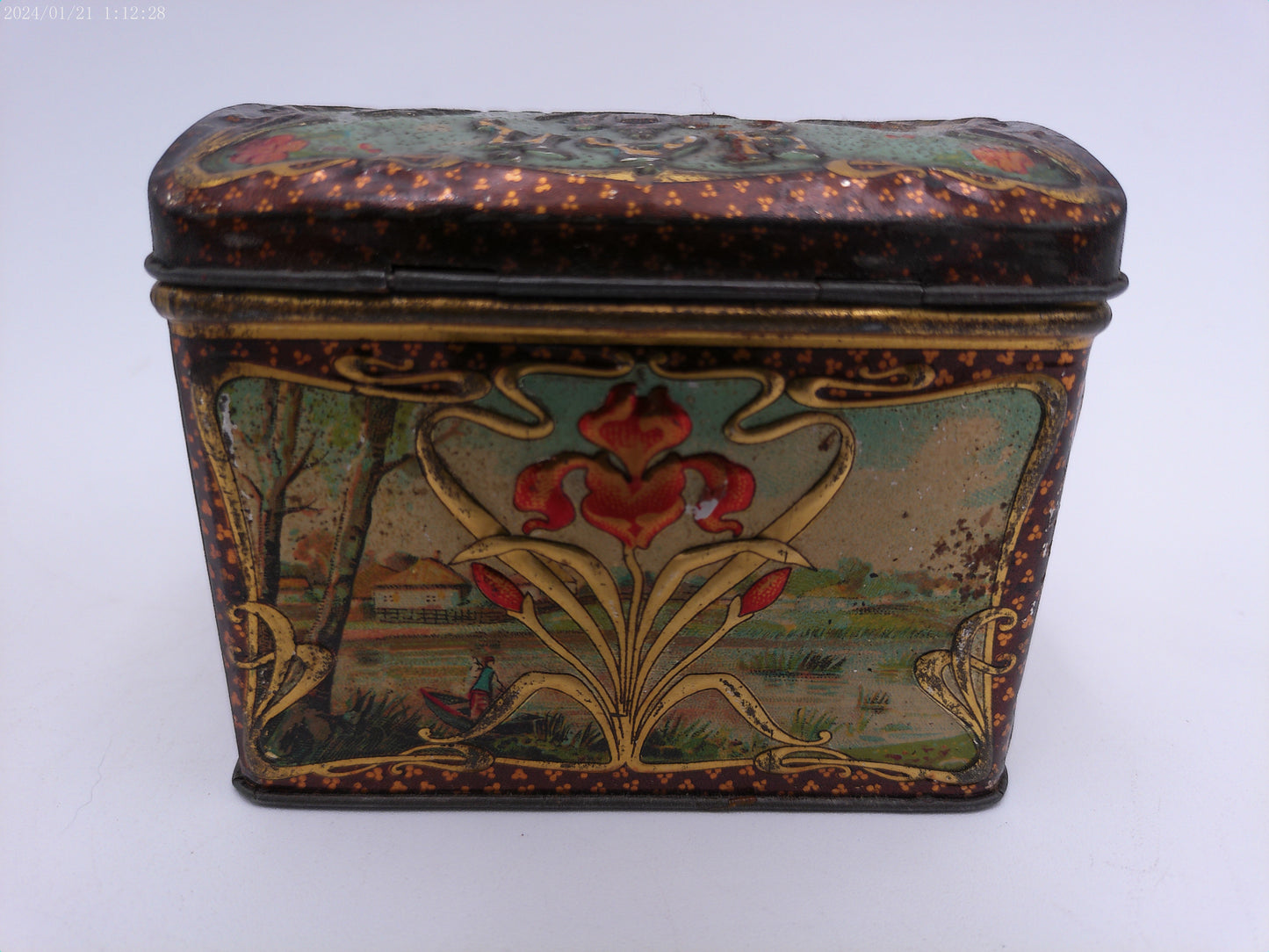 Antique ca. 1910 Russian Popov Brothers Tea Caddy Box hand painted TIN VINTAGE
