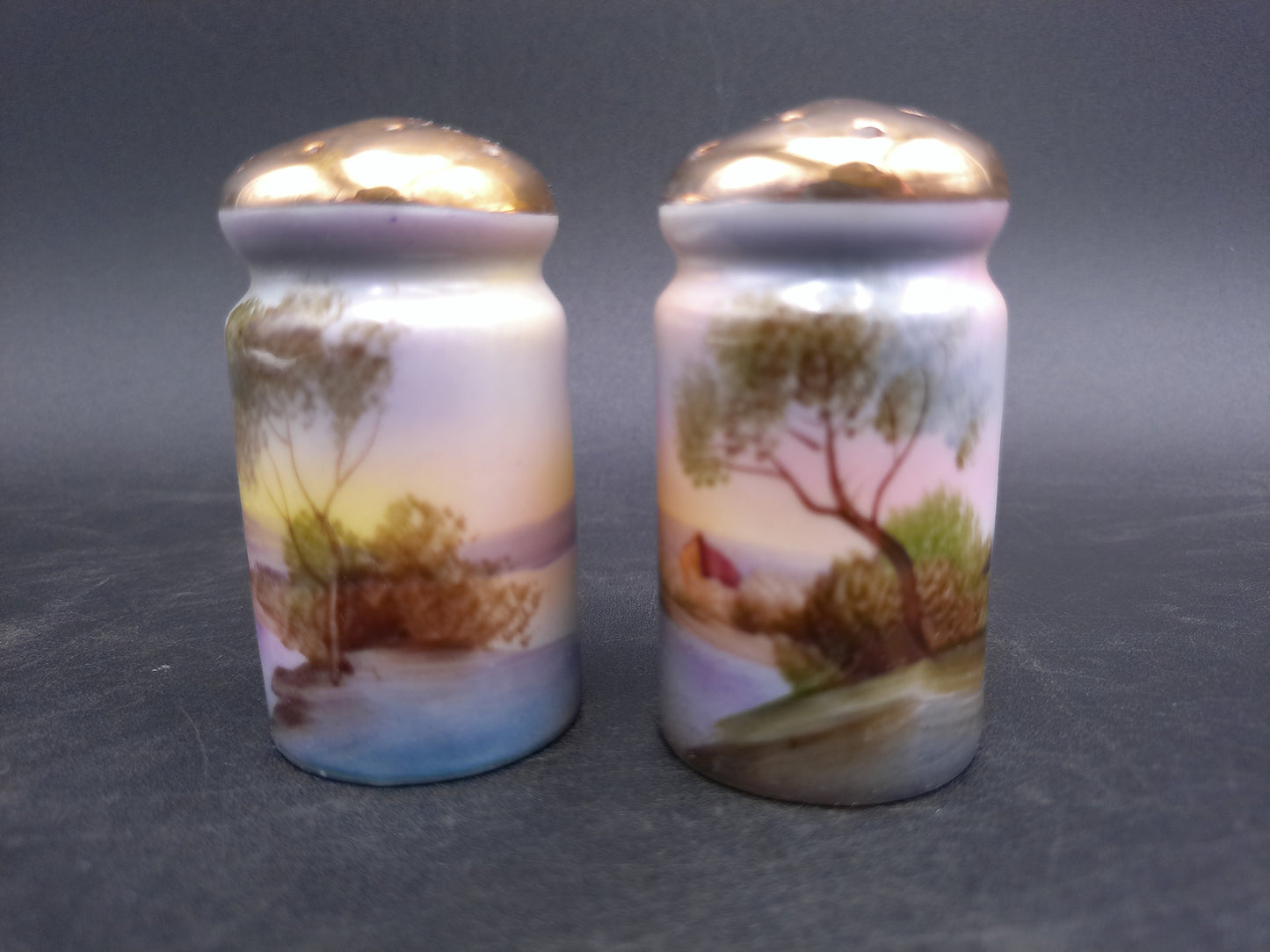 Bud Man Salt and Pepper Shakers River Tree Design Hand Painted
