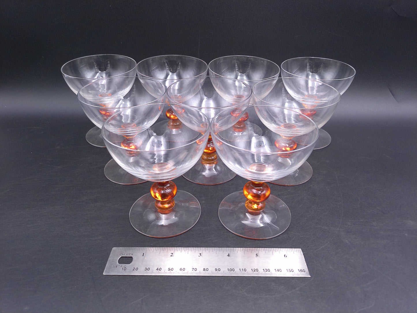 Set of 9 Clear Crystal Top Amber Ball Stem Wine or Water Glasses
