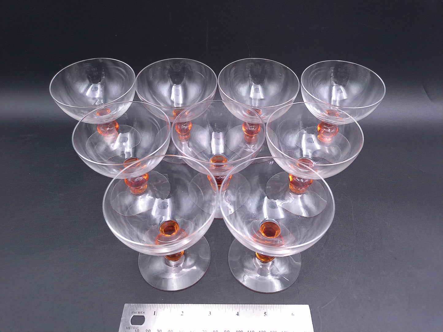 Set of 9 Clear Crystal Top Amber Ball Stem Wine or Water Glasses