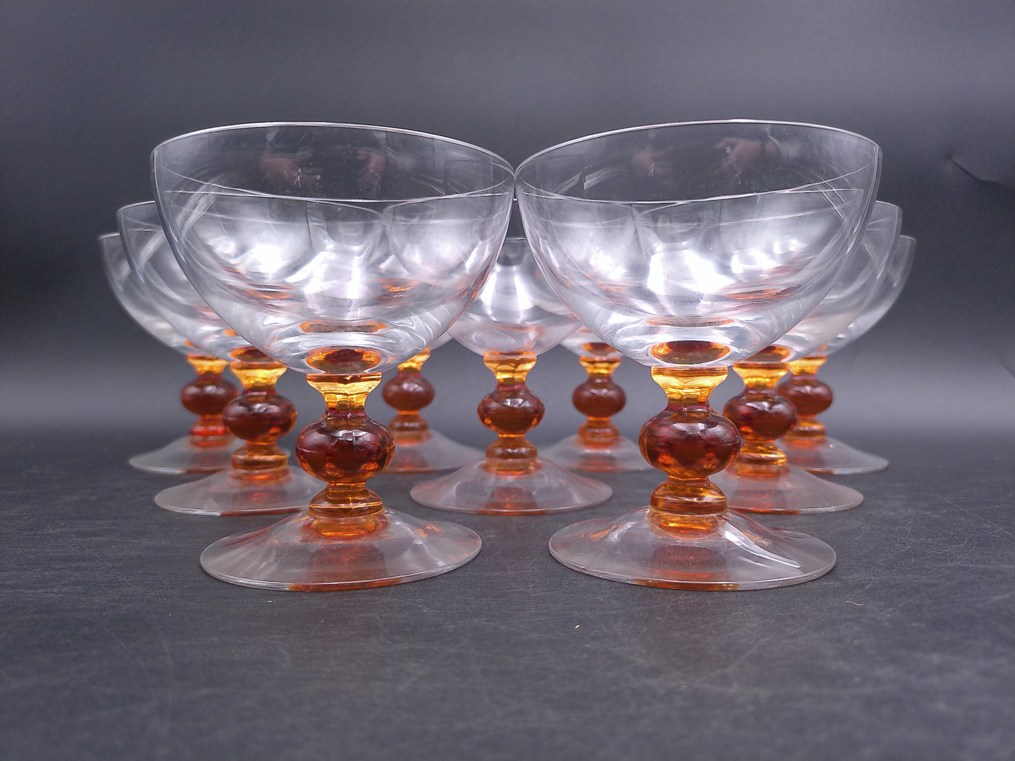 Set of 9 Clear Crystal Top Amber Ball Stem Wine or Water Glasses