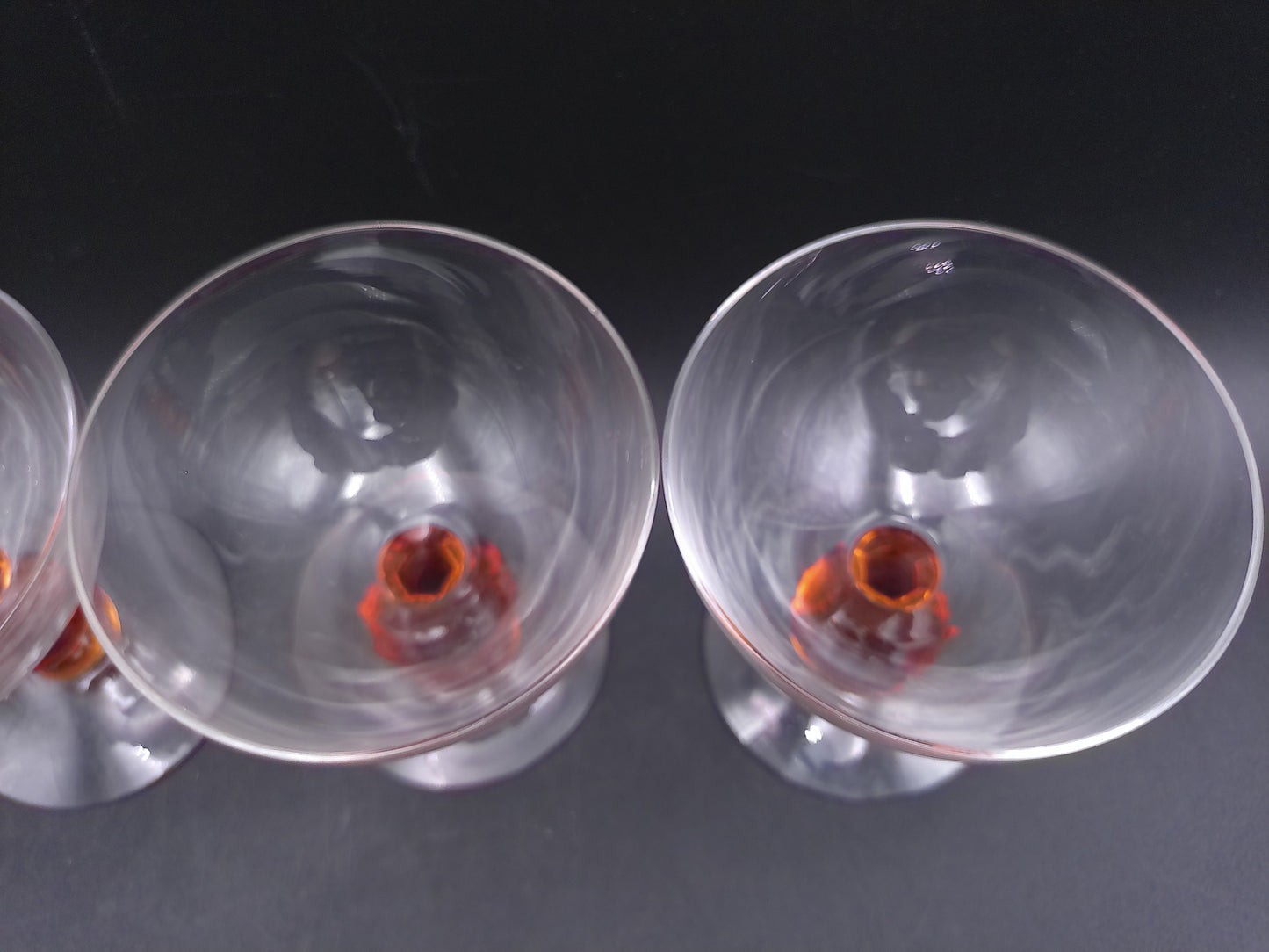 Set of 9 Clear Crystal Top Amber Ball Stem Wine or Water Glasses