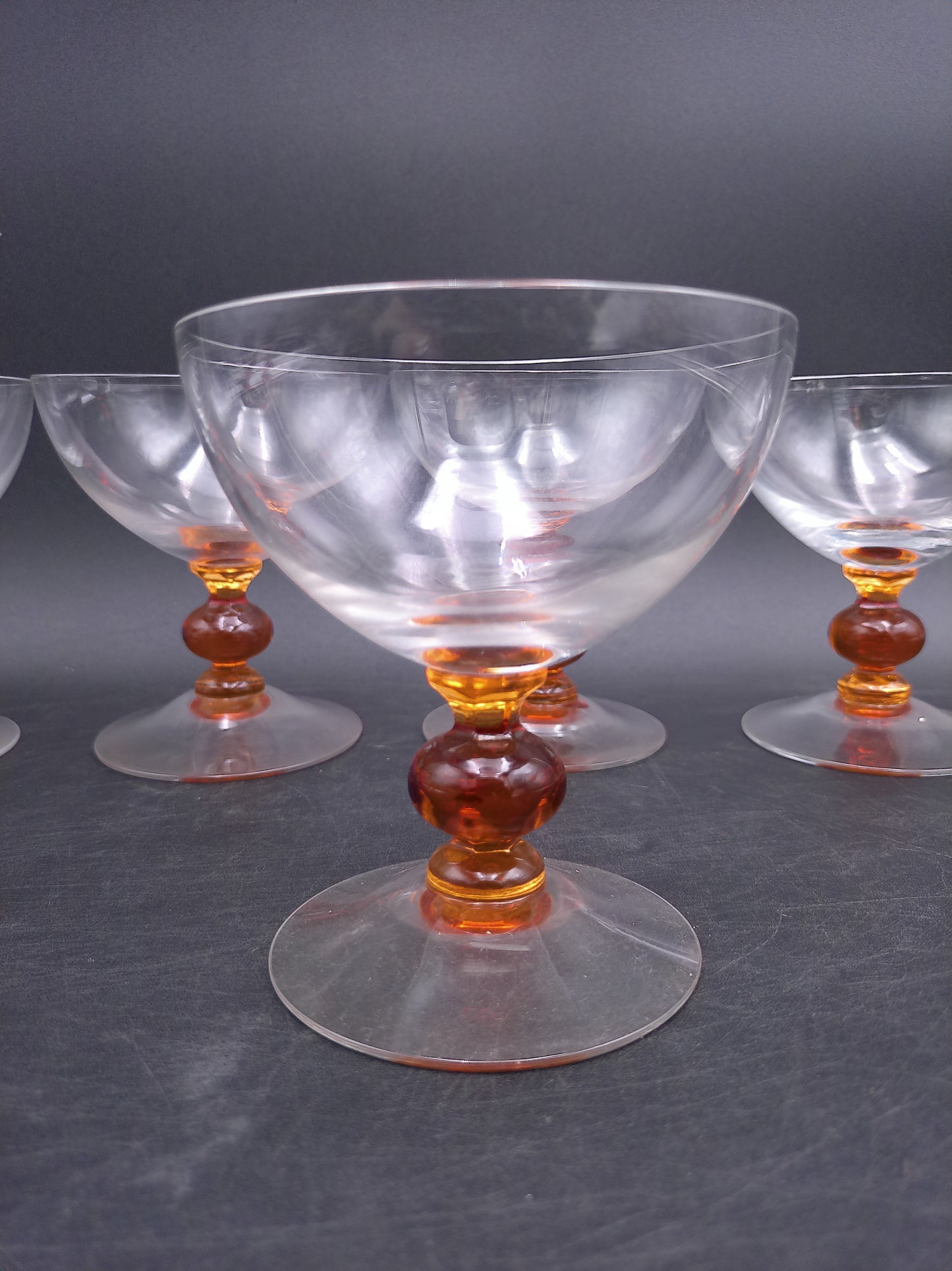 Set of 9 Clear Crystal Top Amber Ball Stem Wine or Water Glasses