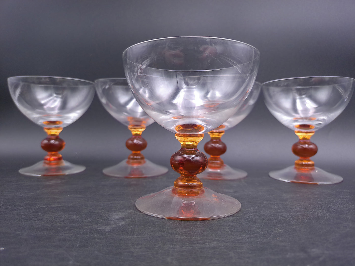 Set of 9 Clear Crystal Top Amber Ball Stem Wine or Water Glasses