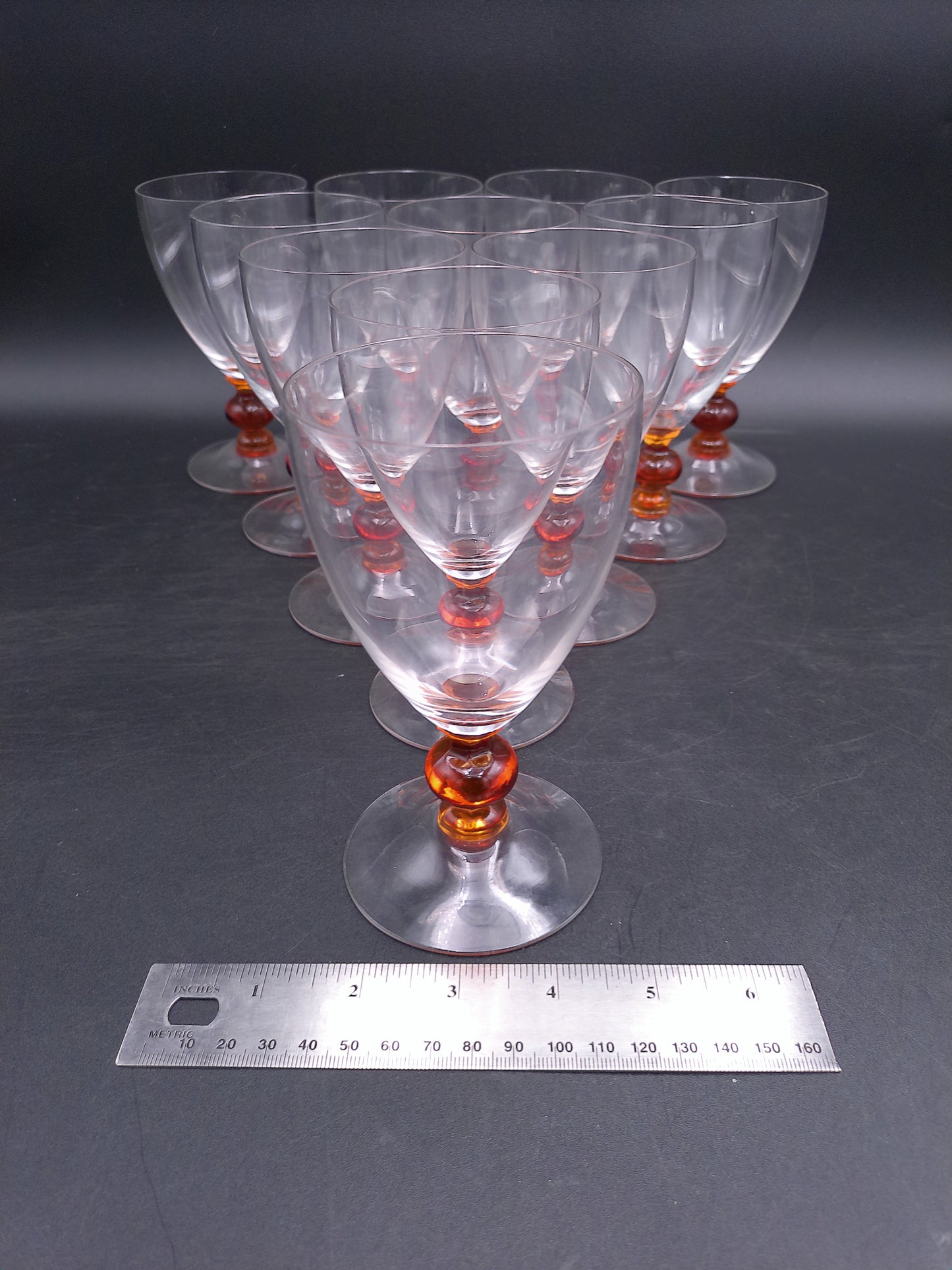 Set of 11 Clear Crystal Top Amber Ball Stem Wine or Water Glasses