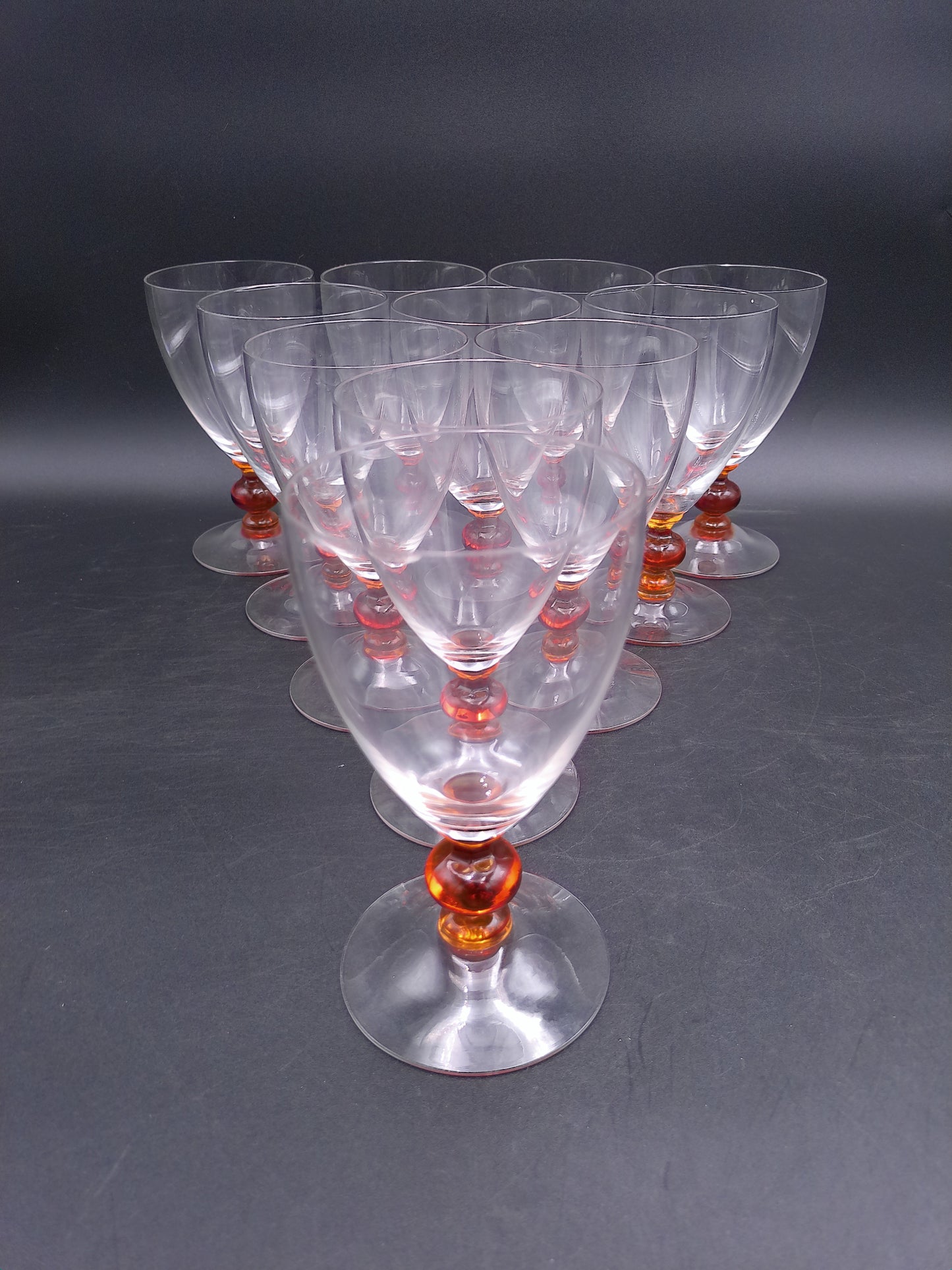 Set of 11 Clear Crystal Top Amber Ball Stem Wine or Water Glasses