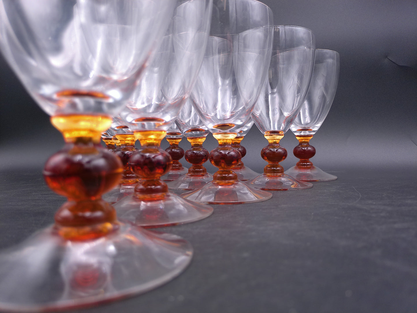 Set of 11 Clear Crystal Top Amber Ball Stem Wine or Water Glasses