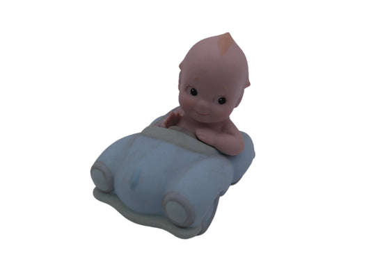 Kewpie Bisque Figurine, Boy With Blue Wings, In Blue Car Vintage