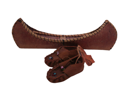 Hand Made Miniature Vintage Birch Bark Canoe and pair of moccasins