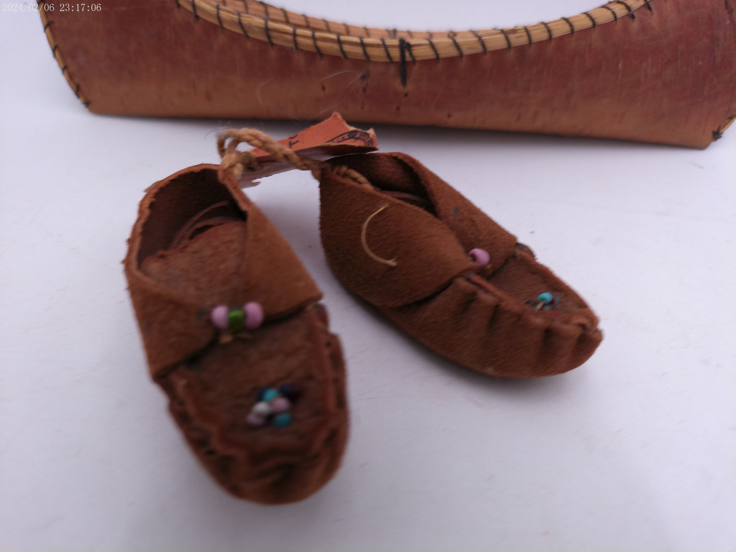 Hand Made Miniature Vintage Birch Bark Canoe and pair of moccasins