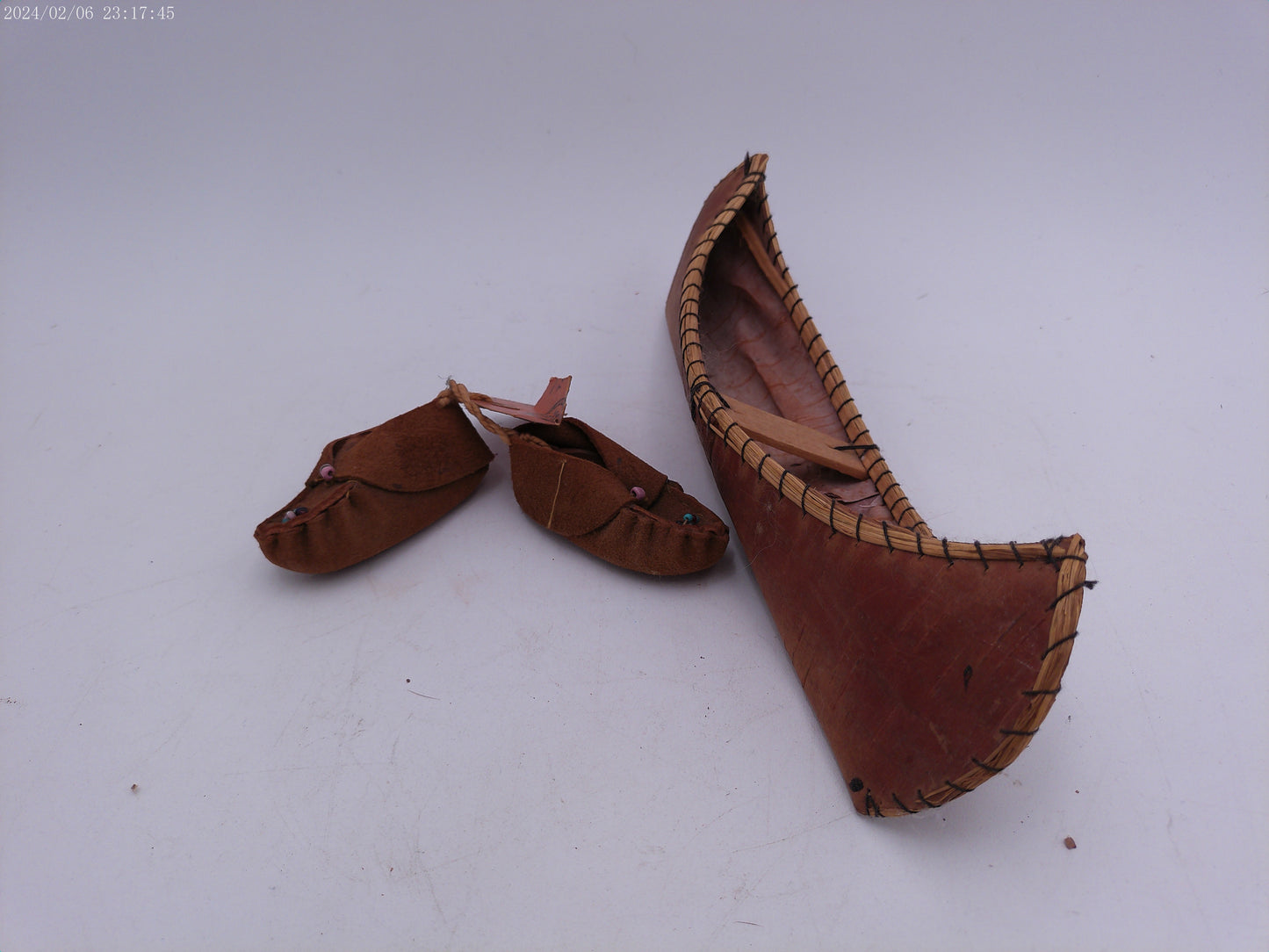 Hand Made Miniature Vintage Birch Bark Canoe and pair of moccasins