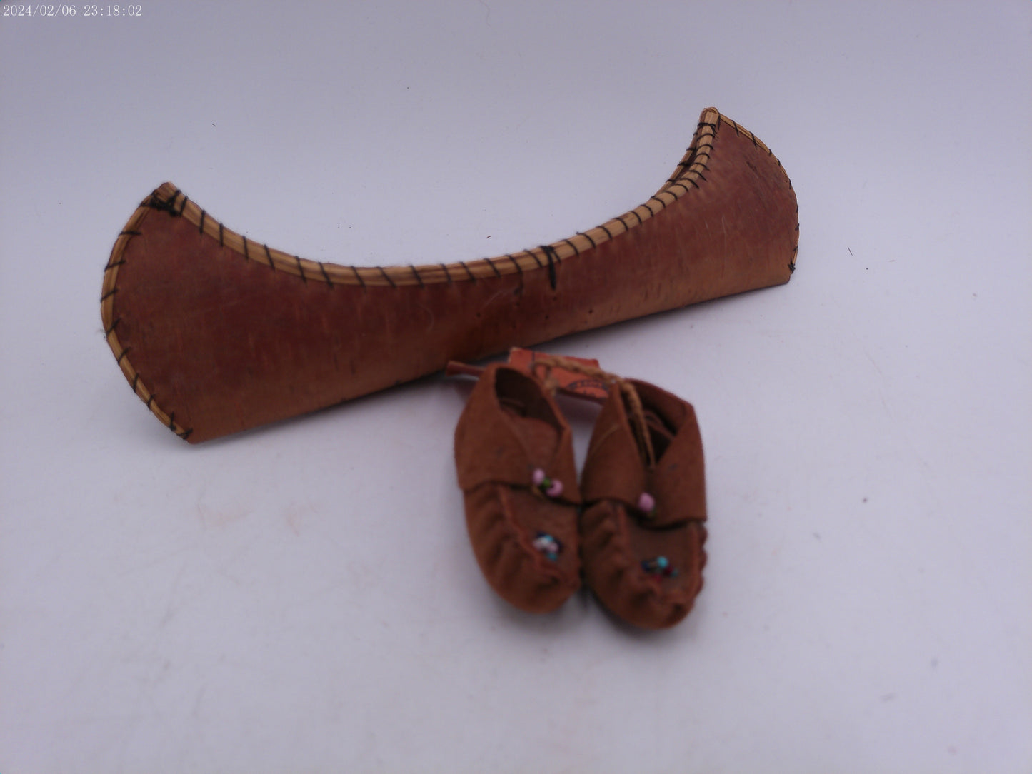 Hand Made Miniature Vintage Birch Bark Canoe and pair of moccasins