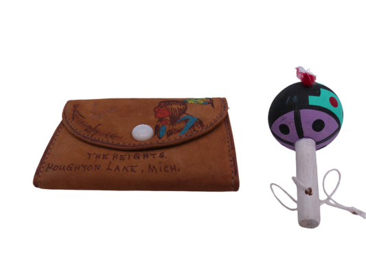 Hand Made Small Leather Bag and Colorful Indian Rattle