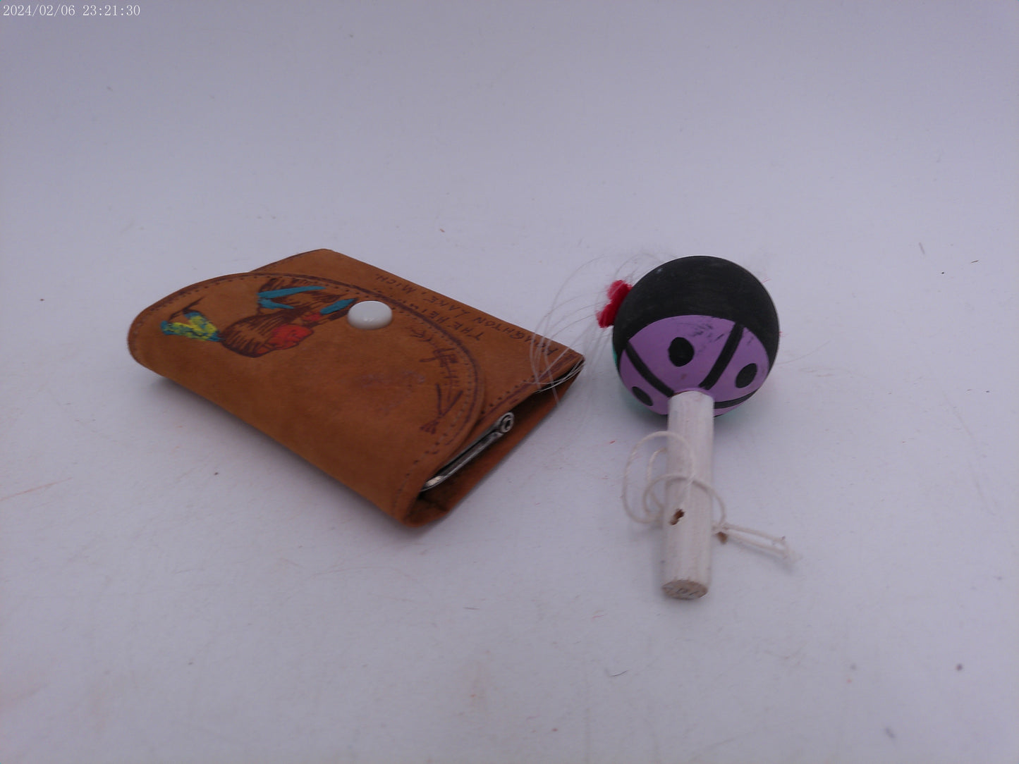 Hand Made Small Leather Bag and Colorful Indian Rattle