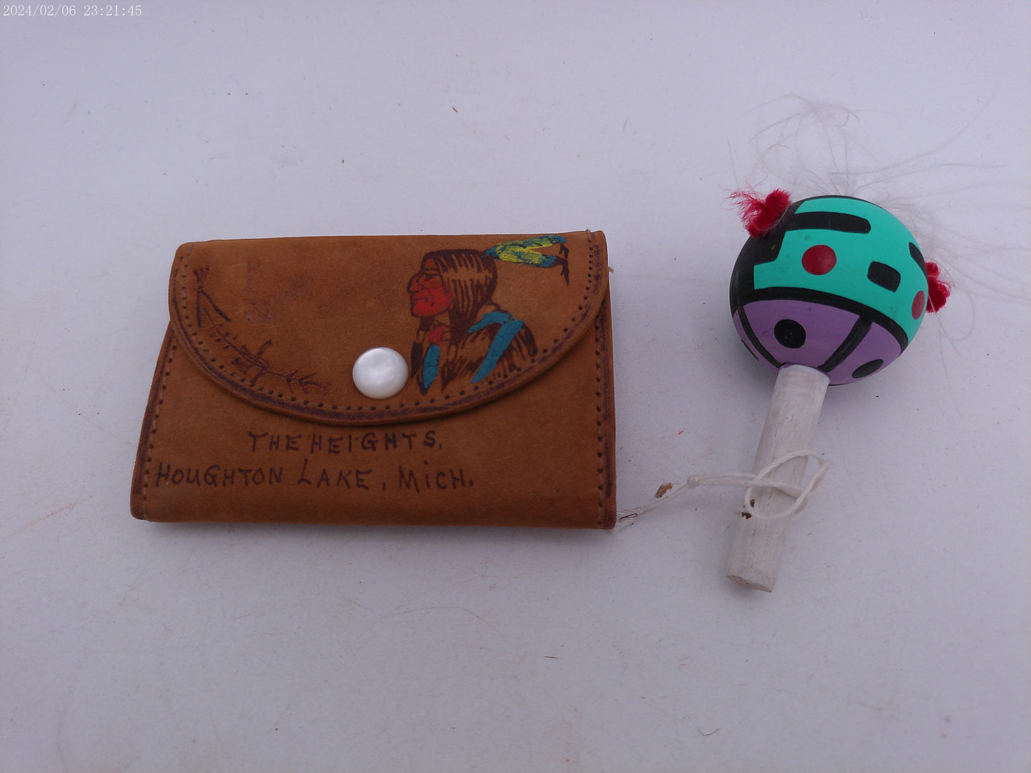 Hand Made Small Leather Bag and Colorful Indian Rattle