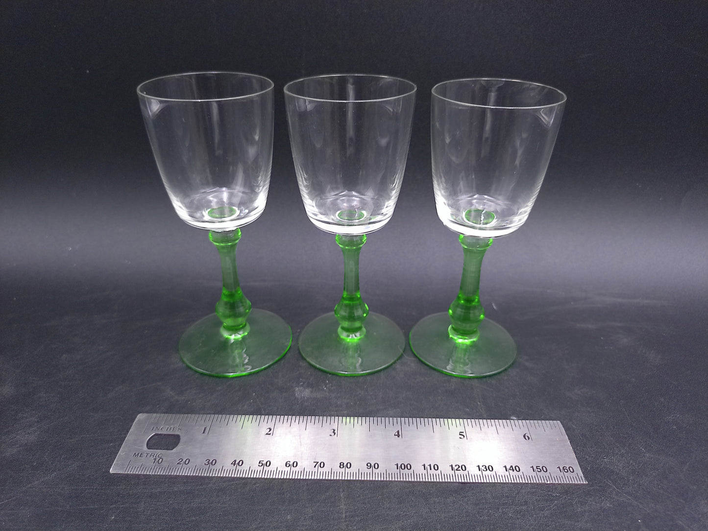 Set of 3 Vintage Glass Sherry Wine Liqueur Glasses with Green Stems