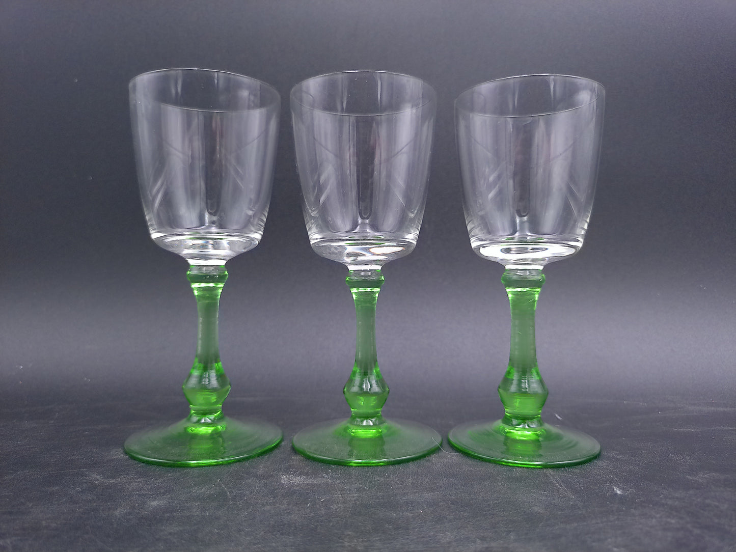 Set of 3 Vintage Glass Sherry Wine Liqueur Glasses with Green Stems