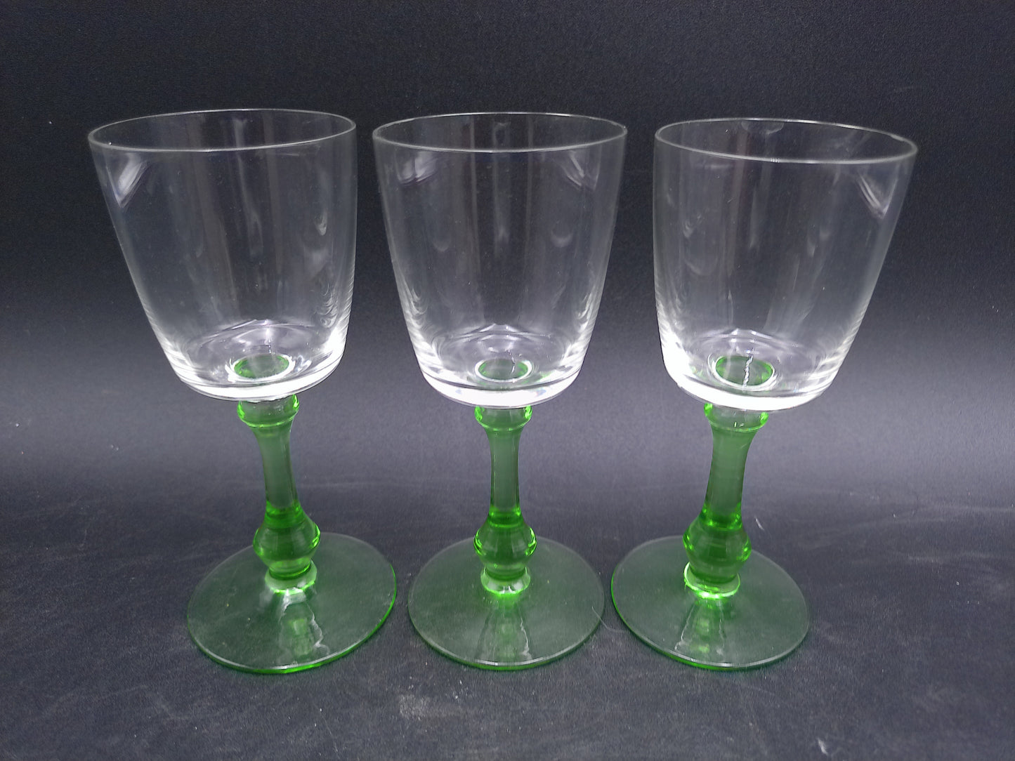 Set of 3 Vintage Glass Sherry Wine Liqueur Glasses with Green Stems