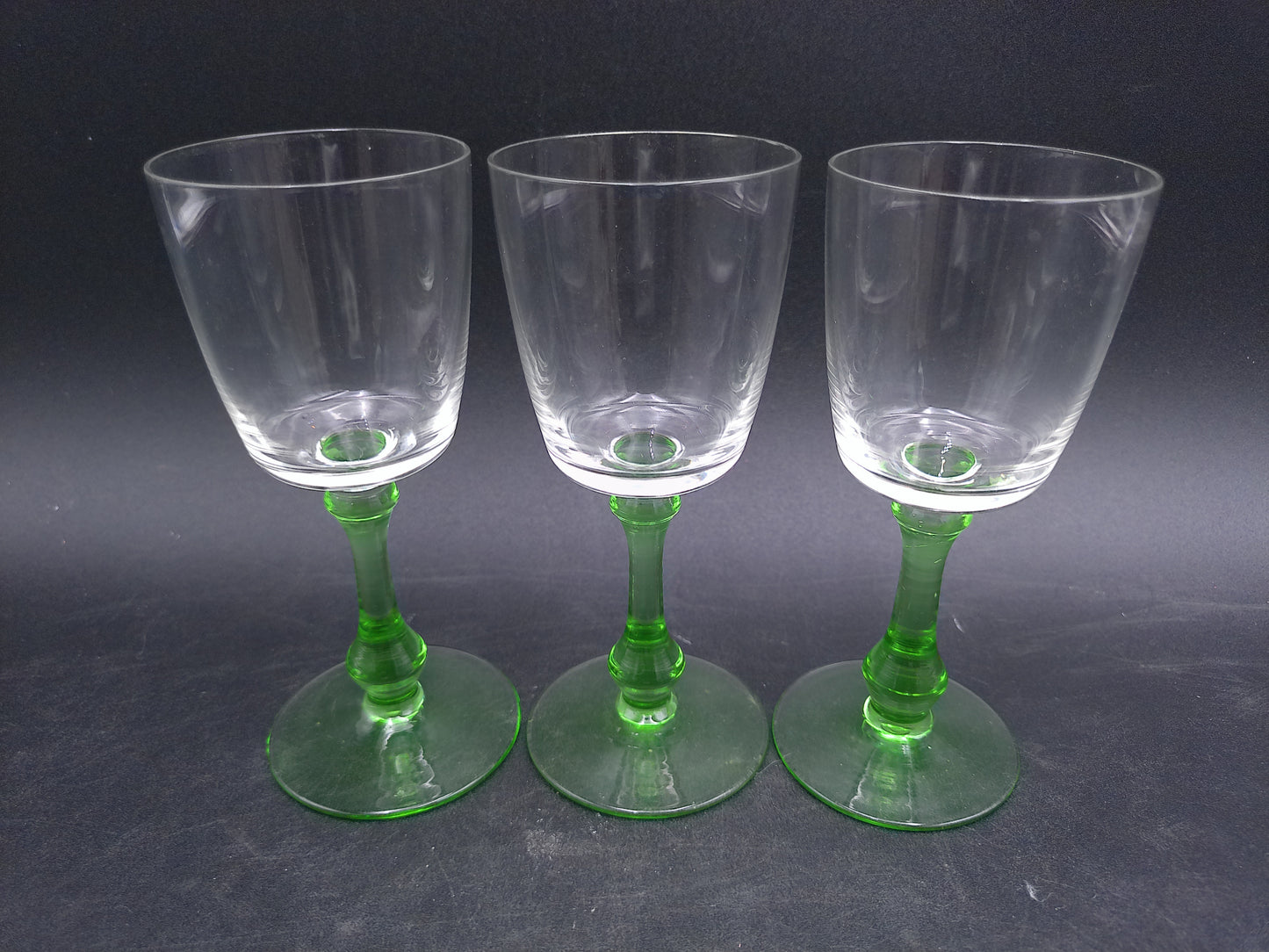 Set of 3 Vintage Glass Sherry Wine Liqueur Glasses with Green Stems