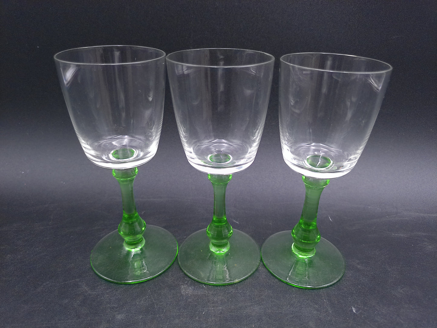 Set of 3 Vintage Glass Sherry Wine Liqueur Glasses with Green Stems