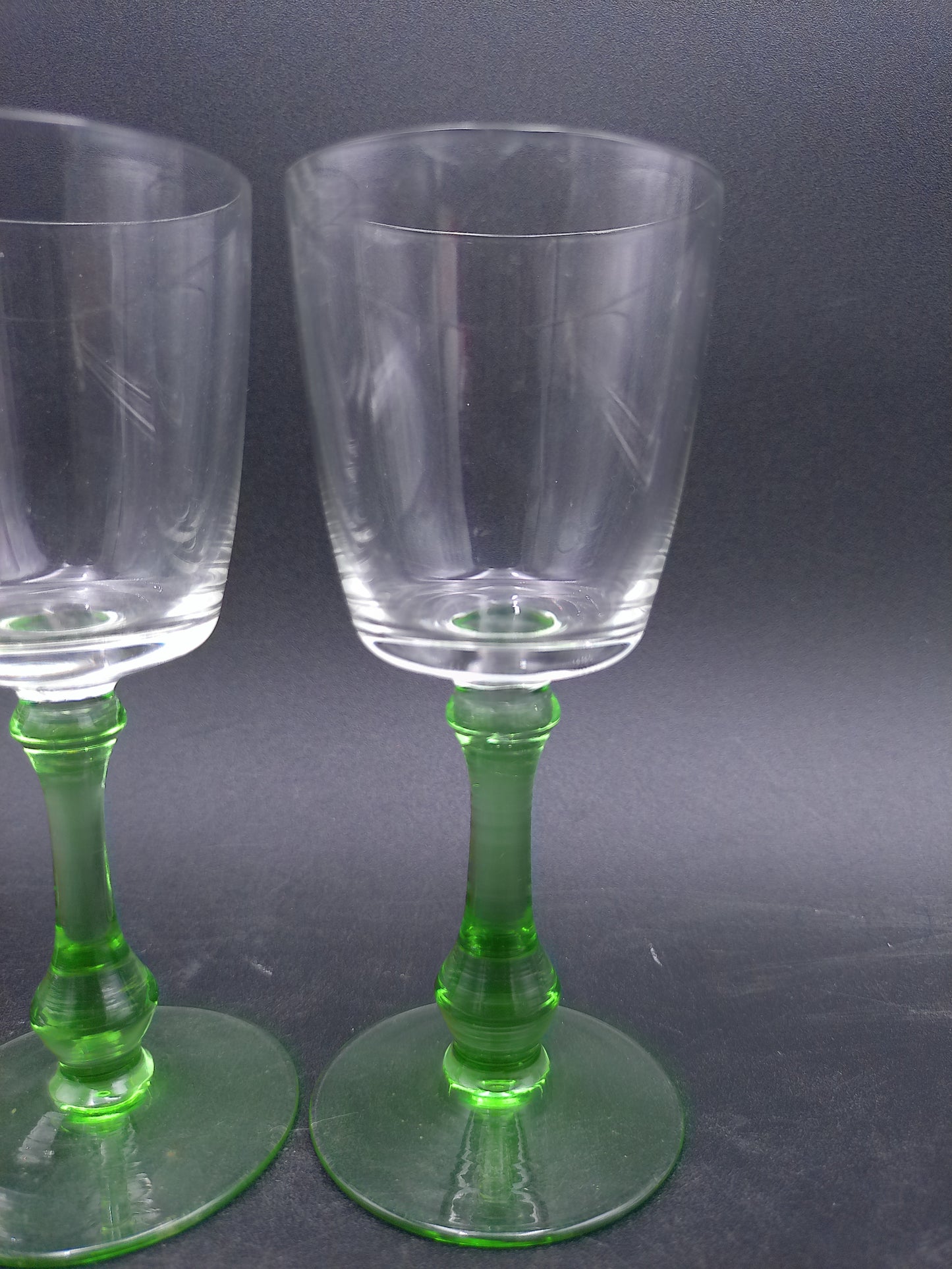 Set of 3 Vintage Glass Sherry Wine Liqueur Glasses with Green Stems