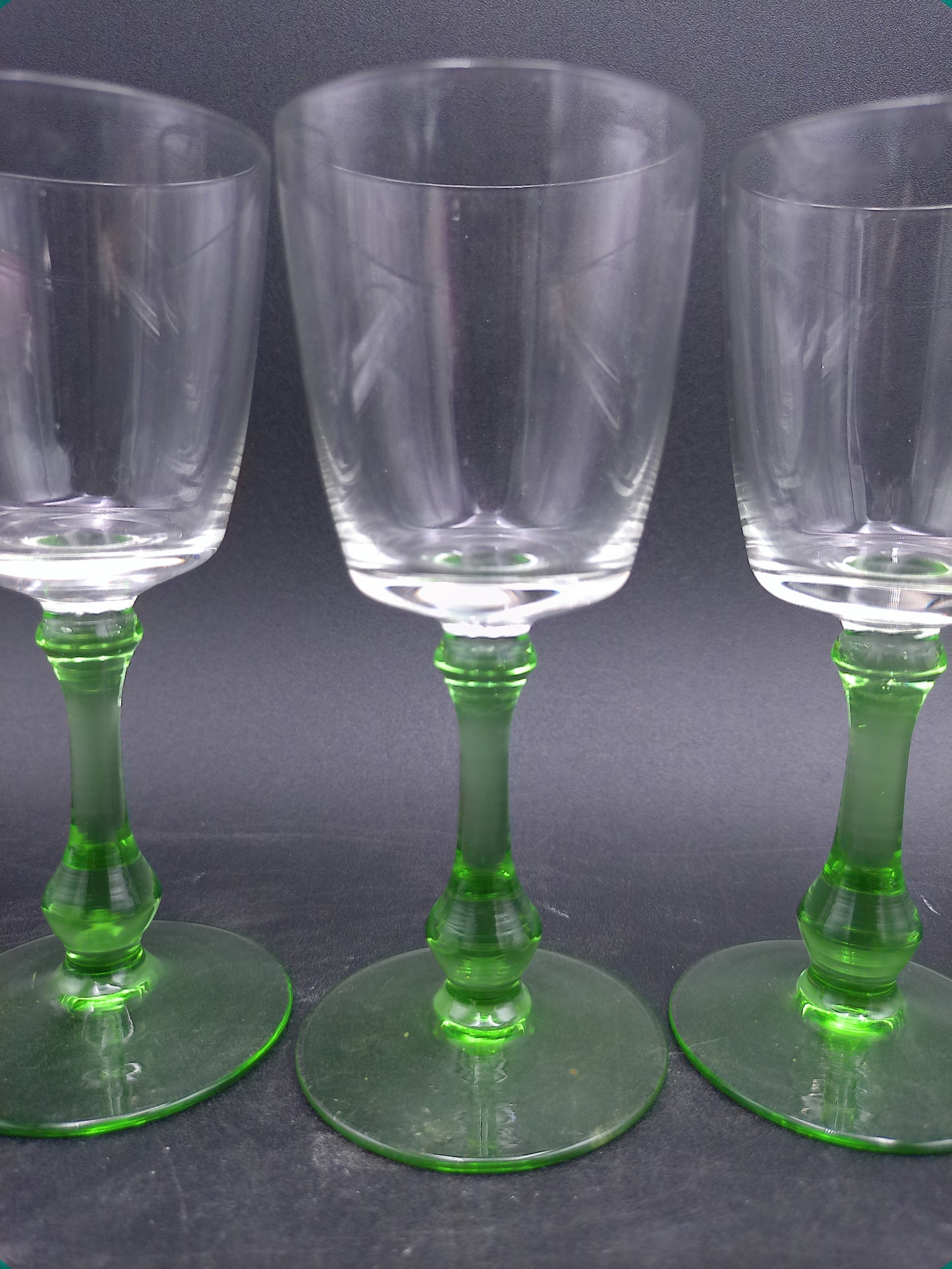 Set of 3 Vintage Glass Sherry Wine Liqueur Glasses with Green Stems