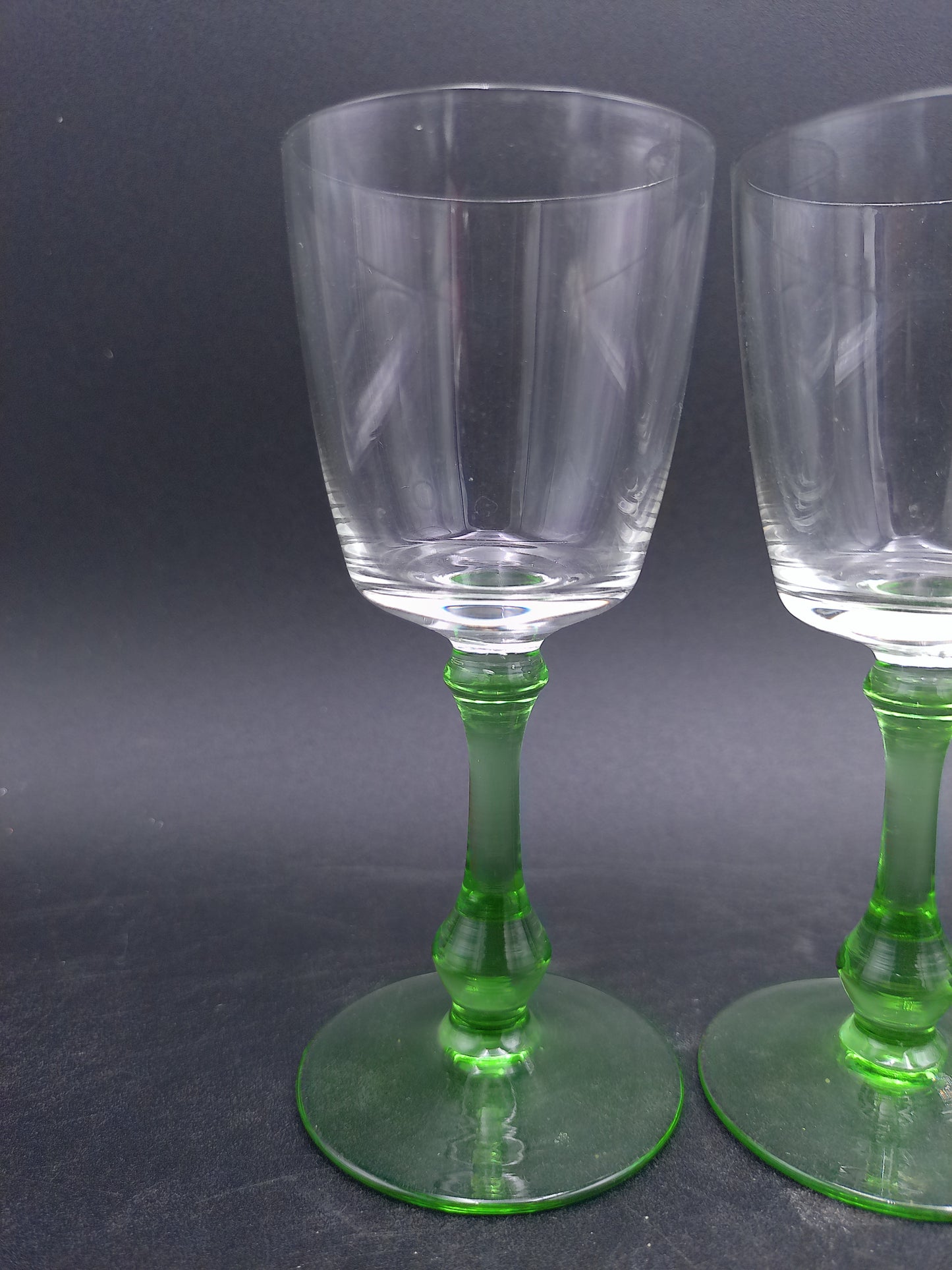 Set of 3 Vintage Glass Sherry Wine Liqueur Glasses with Green Stems