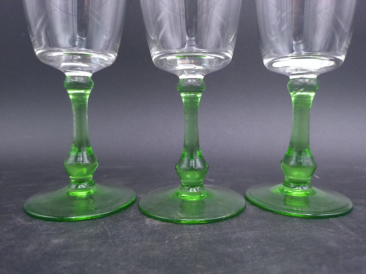 Set of 3 Vintage Glass Sherry Wine Liqueur Glasses with Green Stems