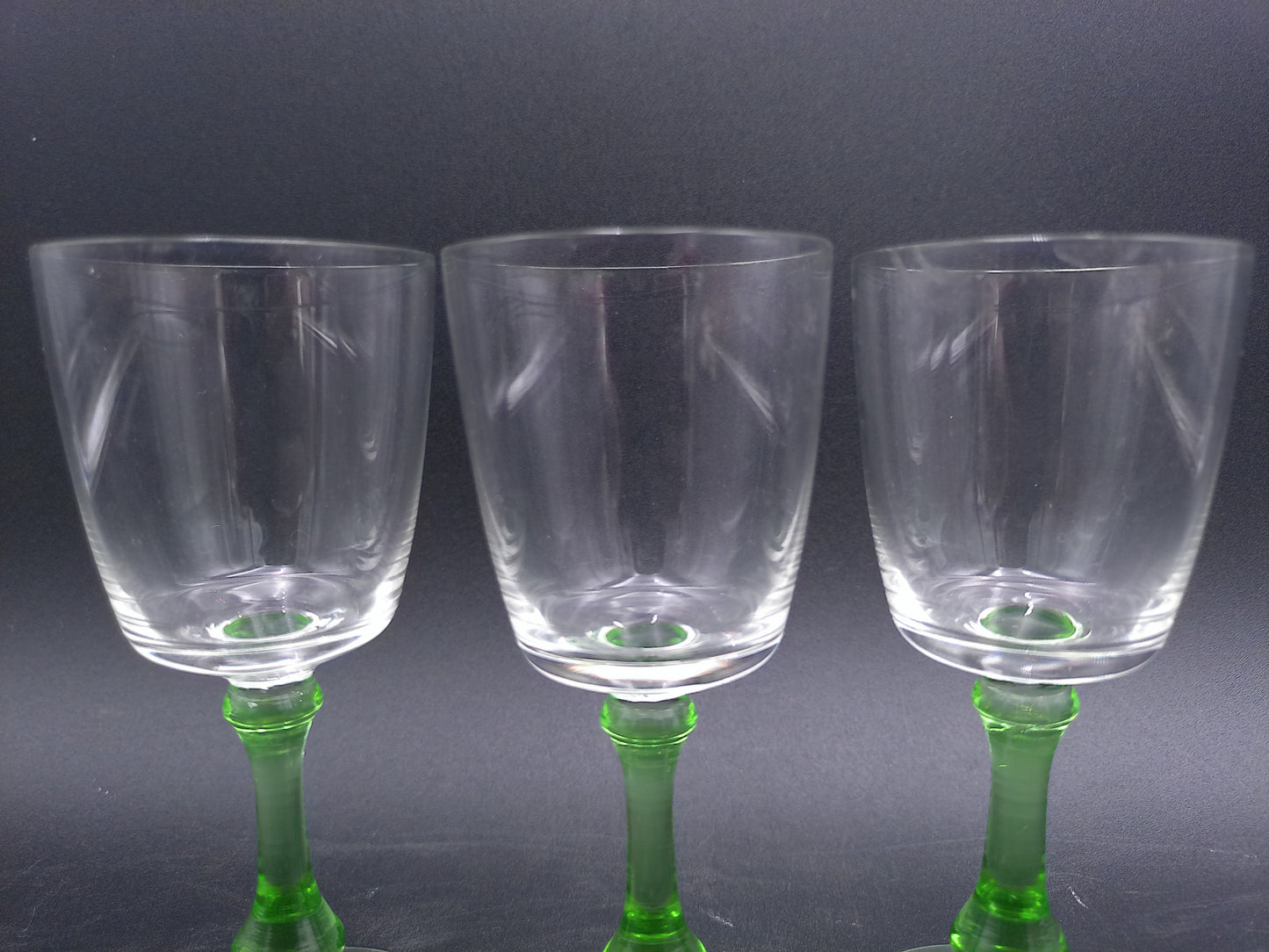 Set of 3 Vintage Glass Sherry Wine Liqueur Glasses with Green Stems