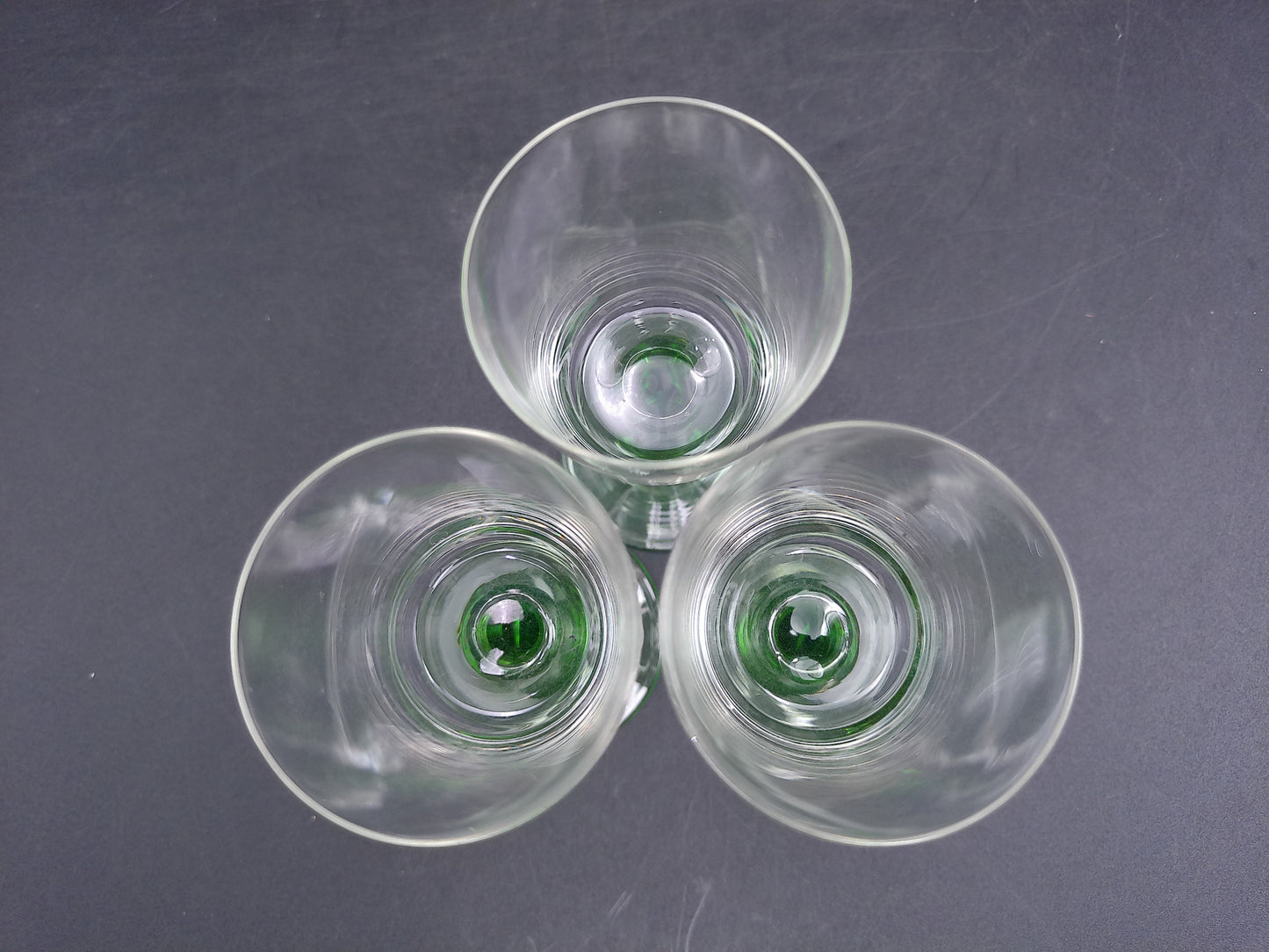 Set of 3 Vintage Glass Sherry Wine Liqueur Glasses with Green Stems