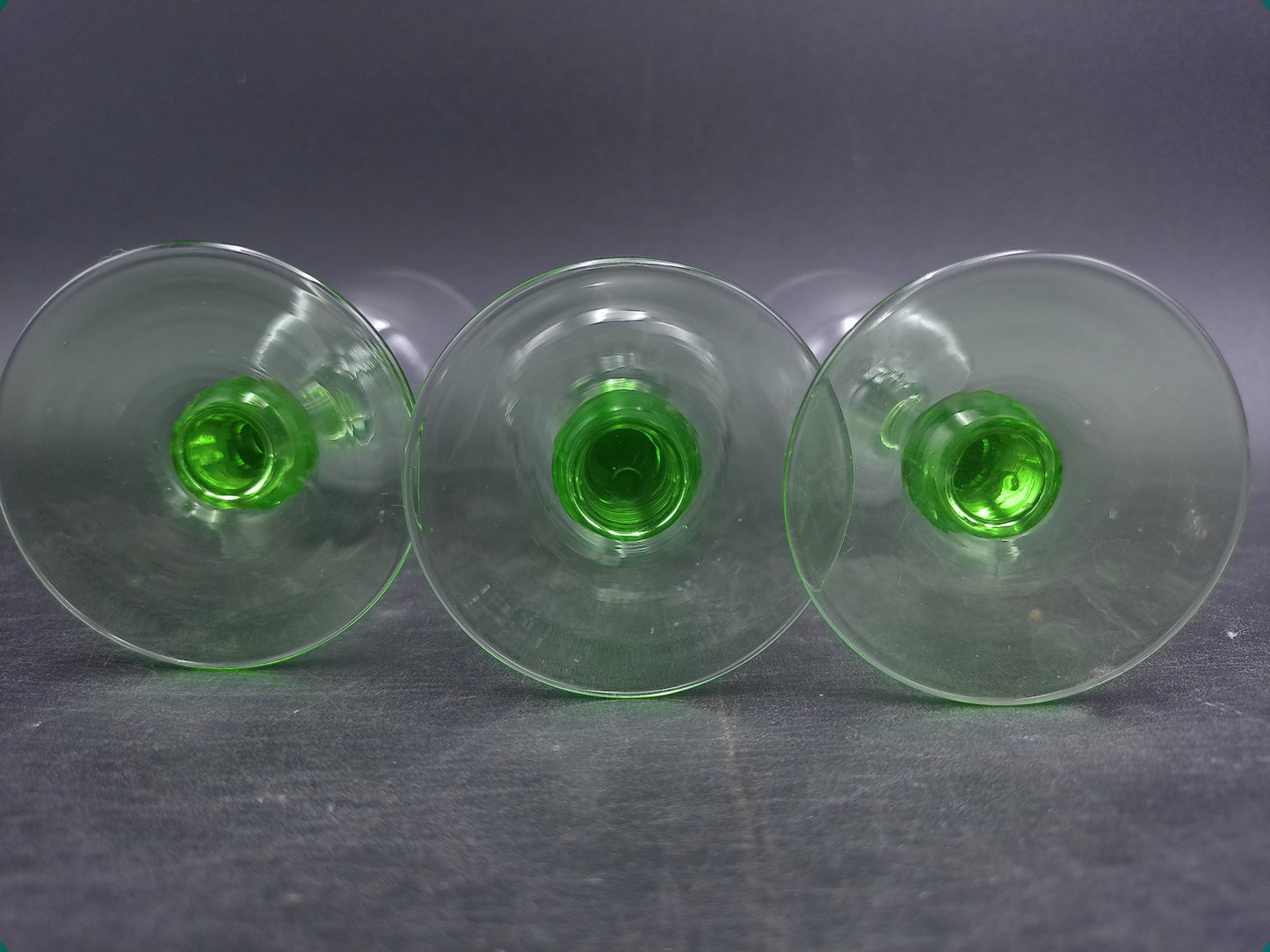 Set of 3 Vintage Glass Sherry Wine Liqueur Glasses with Green Stems