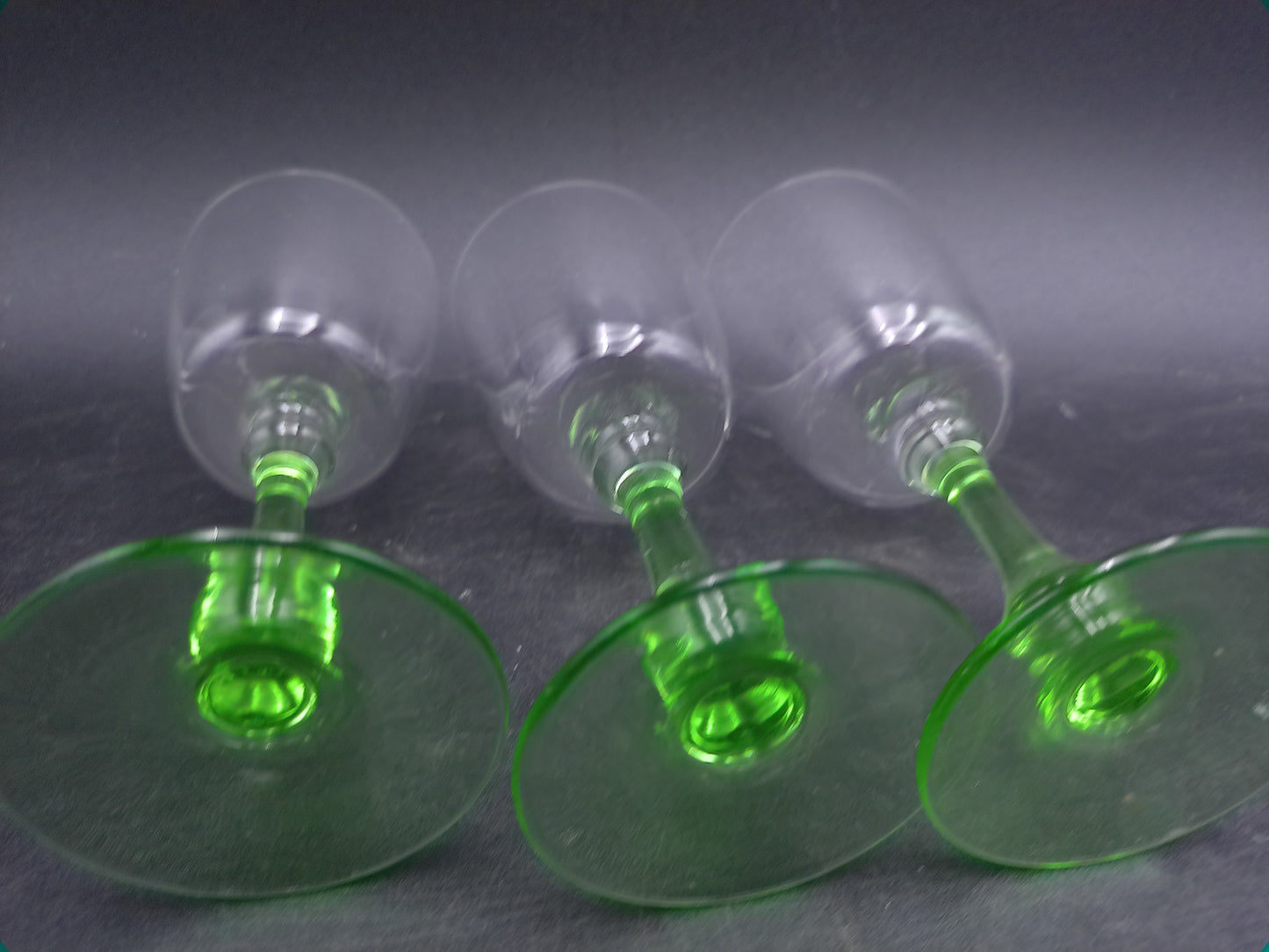 Set of 3 Vintage Glass Sherry Wine Liqueur Glasses with Green Stems