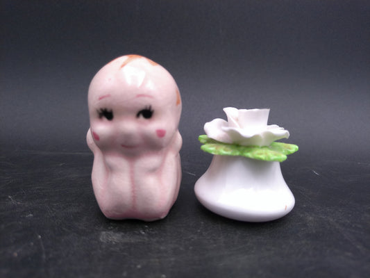 Kewpie Baby Doll Ceramic Salt Shaker And Flower Pepper Shaker