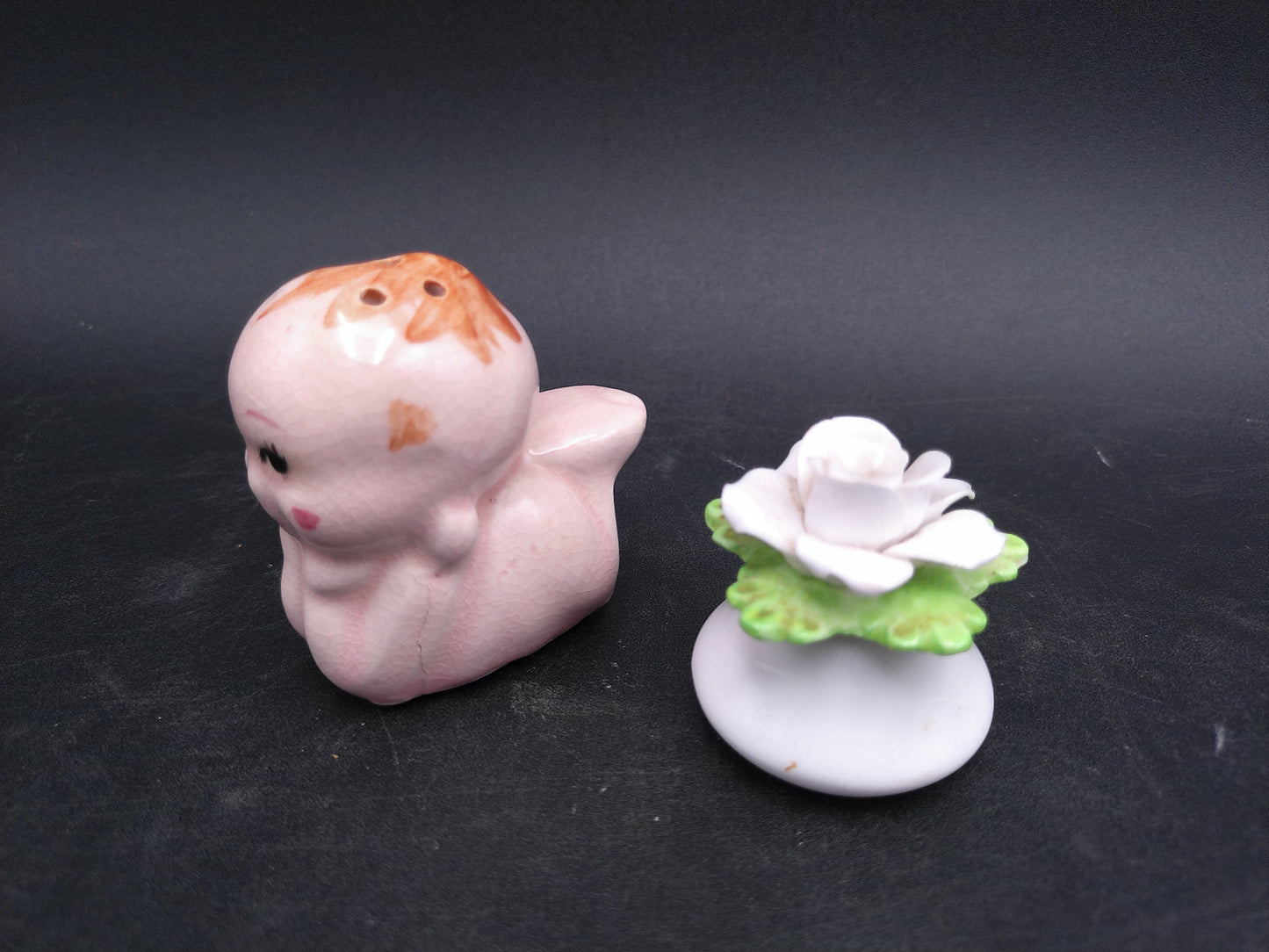 Kewpie Baby Doll Ceramic Salt Shaker And Flower Pepper Shaker