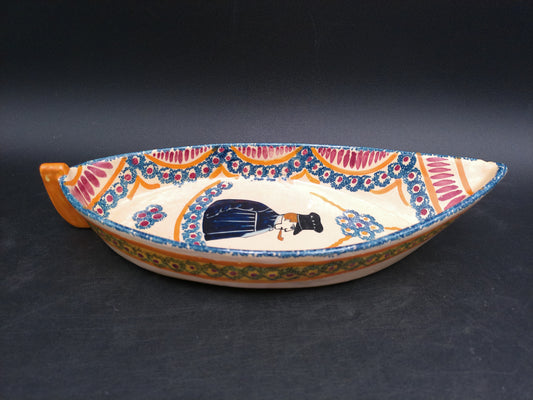 Hand Painted Pottery Oval Boat Dish Vintage Signed