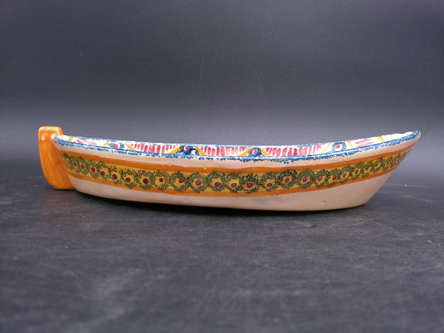 Hand Painted Pottery Oval Boat Dish Vintage Signed